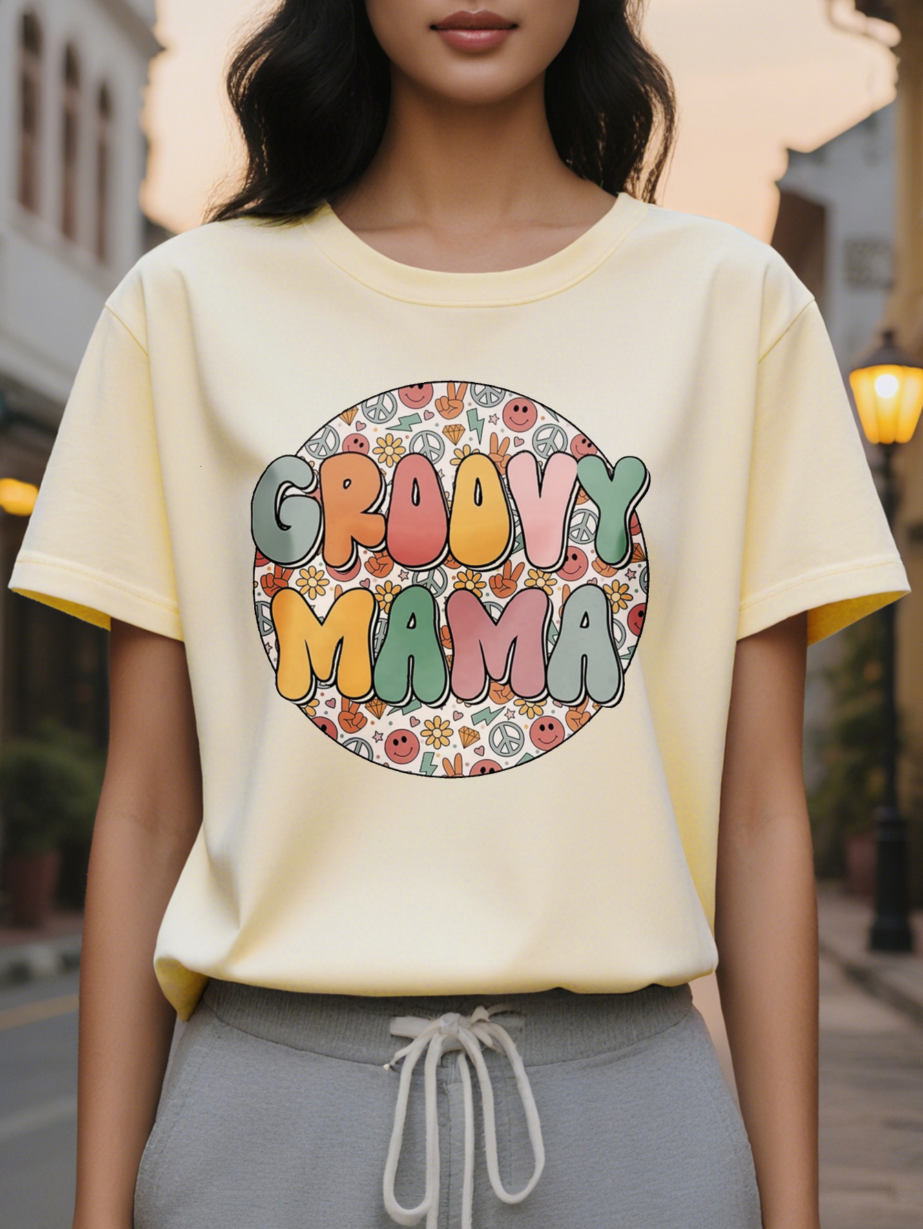 Groovy Mama Printed T-shirt Short Sleeve Round Neck Casual Top Spring Summer Women's Clothing