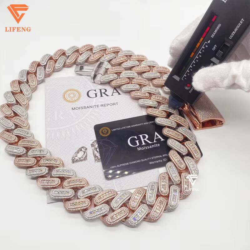 Iced Out High Quality 26mm Baguette Cut VVS Moissnaite Diamond Necklace 925 Silver Two Tone Miami Cuban Link Chain for Men