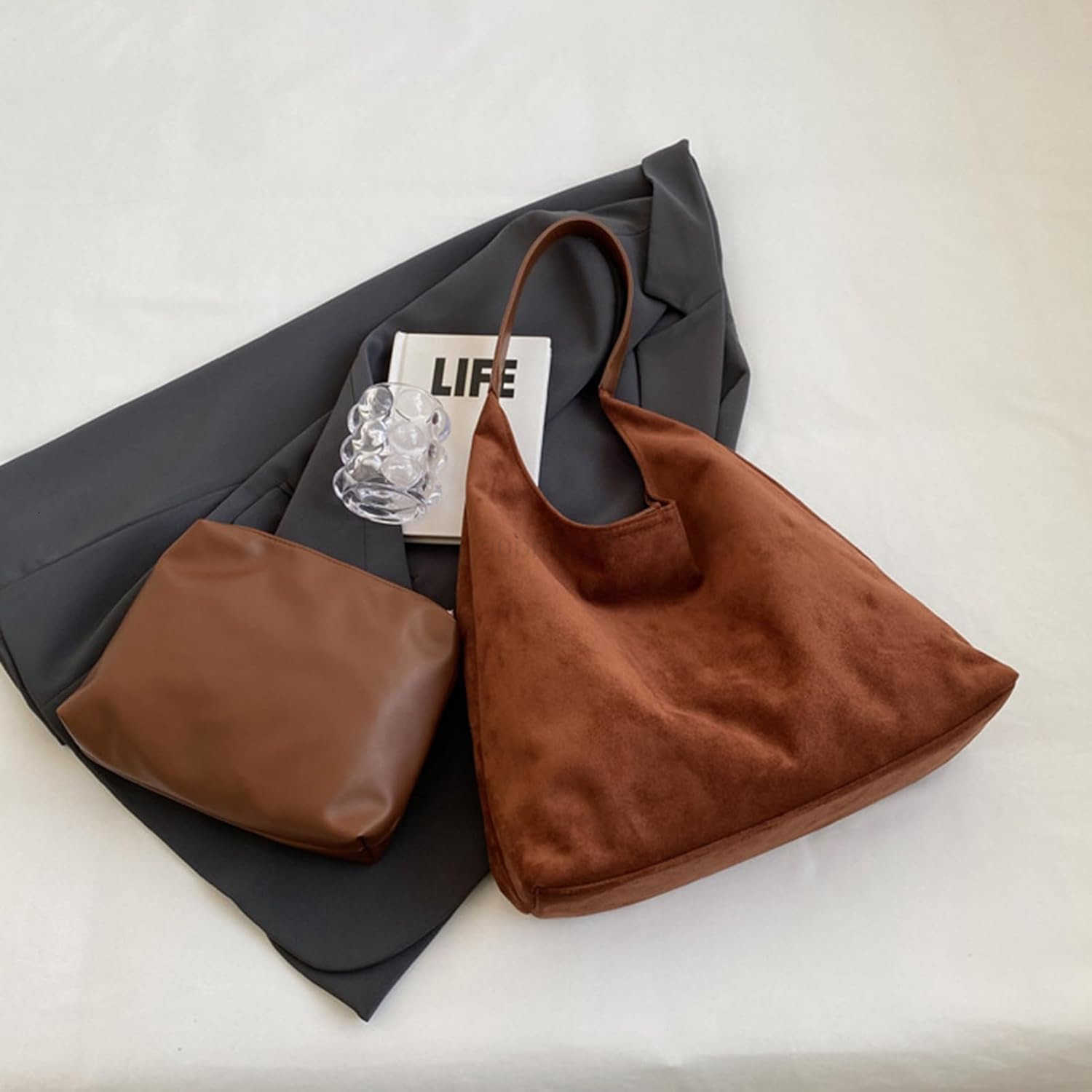 Suede purses for Women 2024 Slouchy Shoulder Bags Soft Leather hobo bag Brown Tote Handbag for Work Everyday M250904