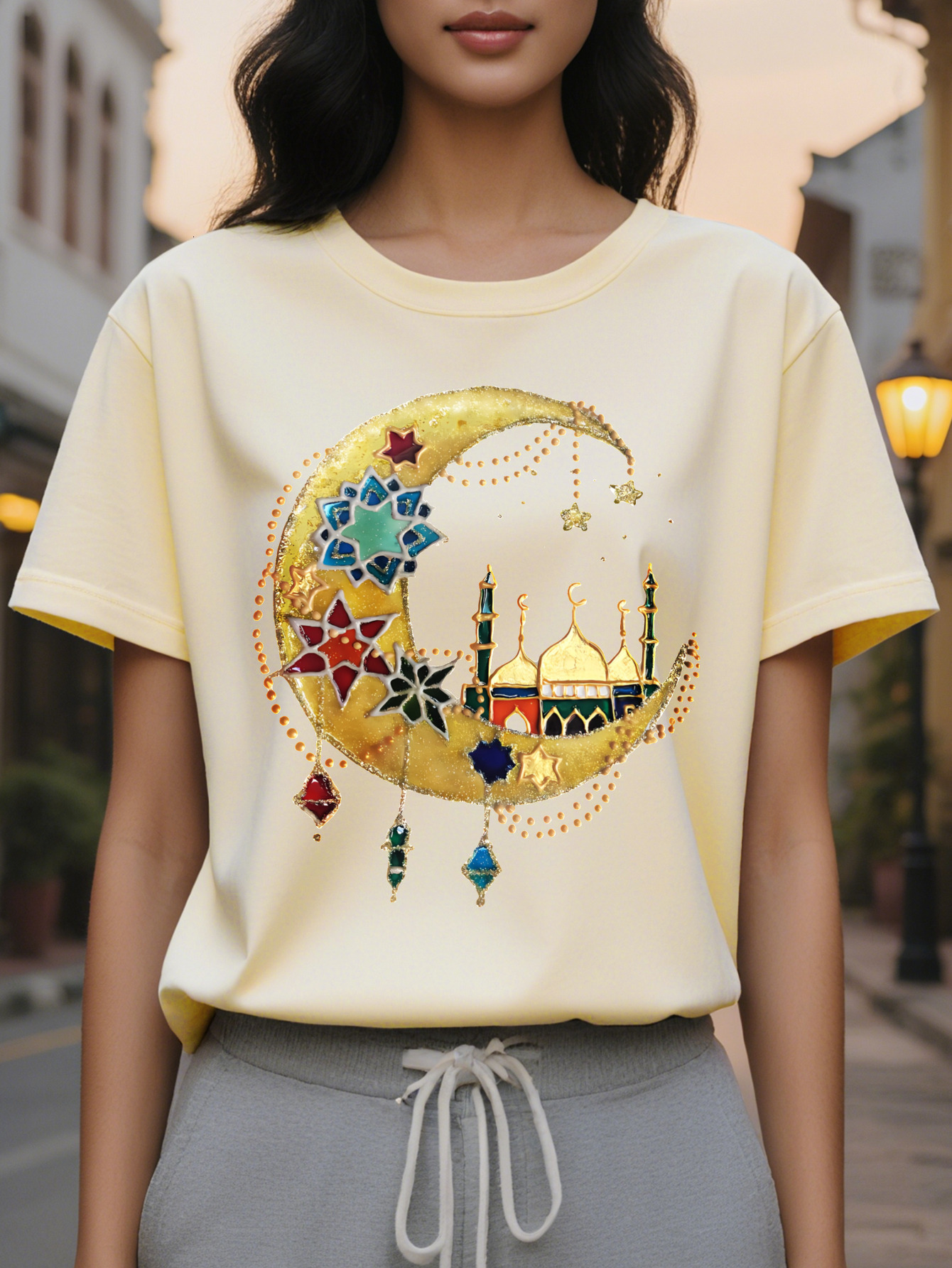 Middle Eastern Desert Ramadan Islamic Print T-Shirt Casual Short Sleeve Round Neck Top Fashion All Season Women's Wear