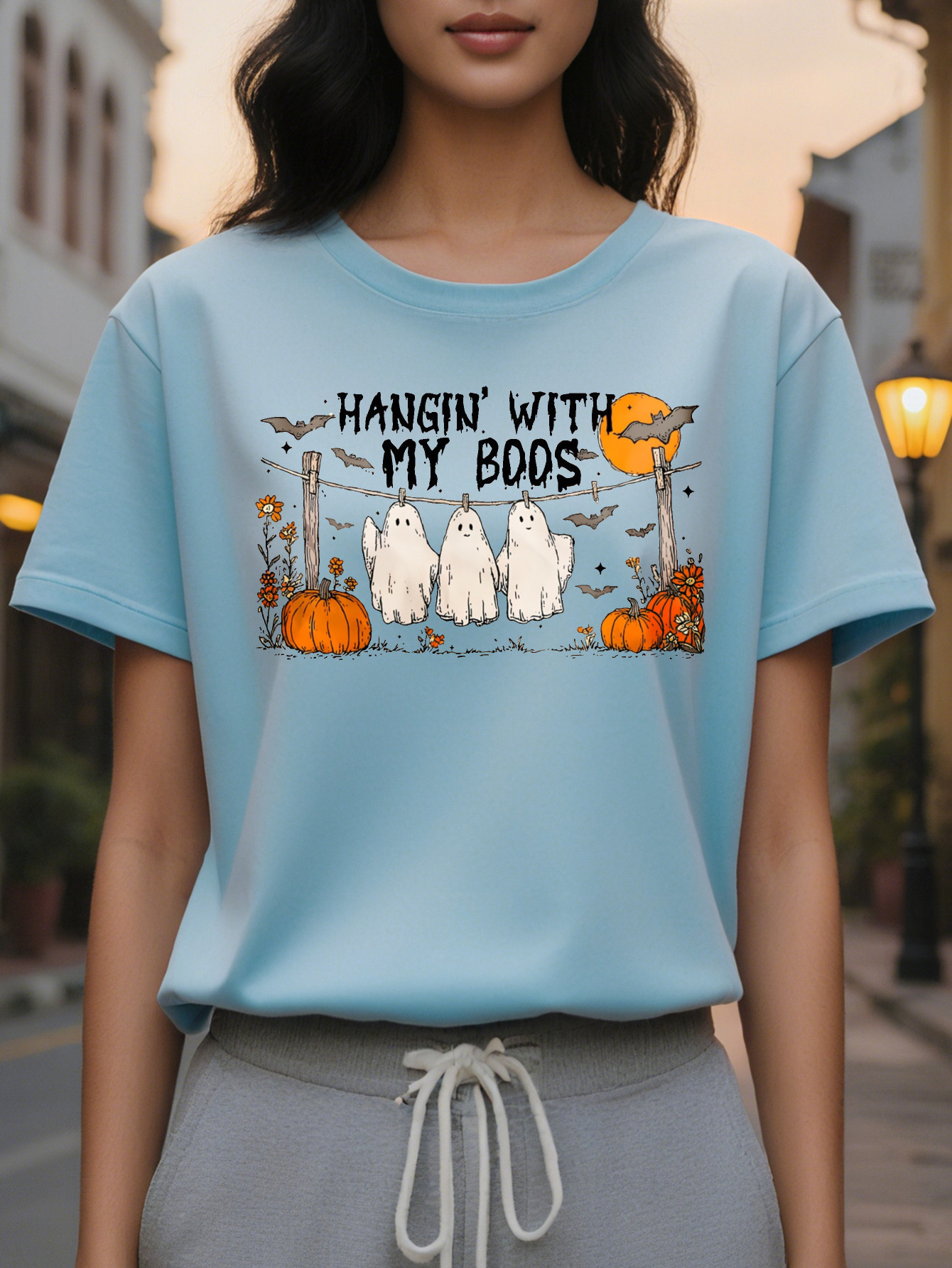 Large XL Women's T-Shirt Light Gray Ghosts Pumpkins Hanging with My Boos Graphic Tee Party Outfit Soft Round Neck Summer Shirt Plus Size