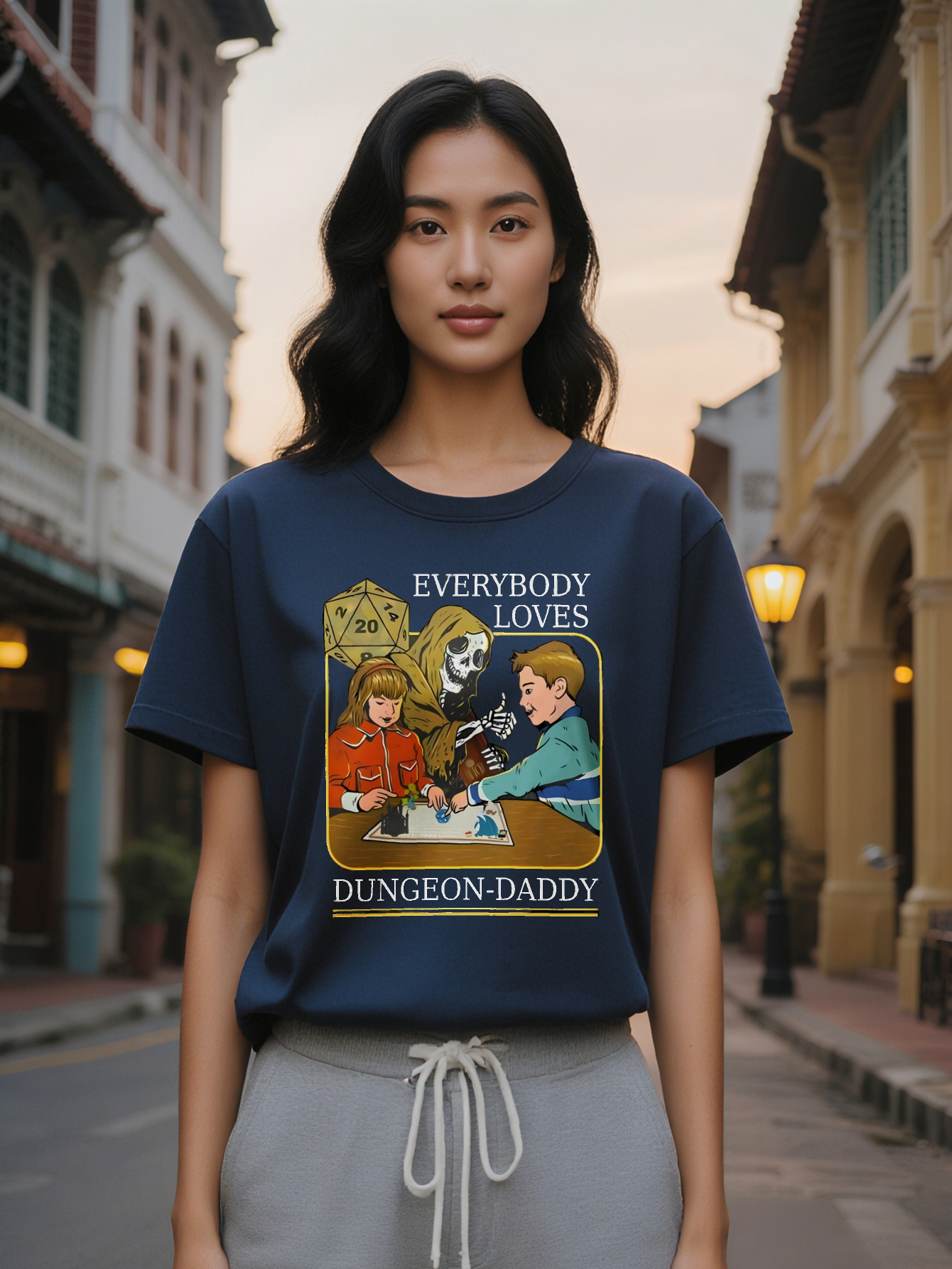 Large XL Women's Casual Graphic T-Shirt Dungeons Dragons Theme with Everybody Loves Dad Print Black Round Neck Summer Tee Plus Size