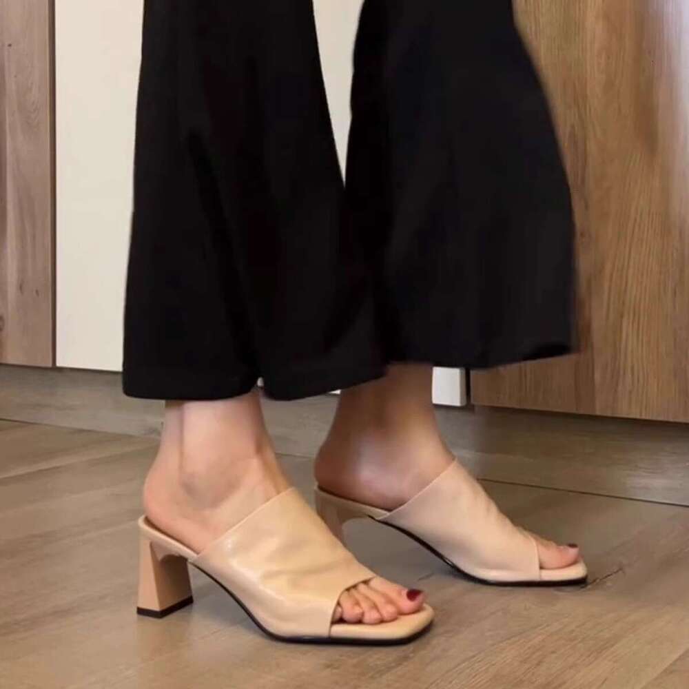 Sheepskin Version ~ French Style Elegant for Women Squ Minimalist High Heels Open Toe Chunky Heel One Designer Shoe Strap Sandals