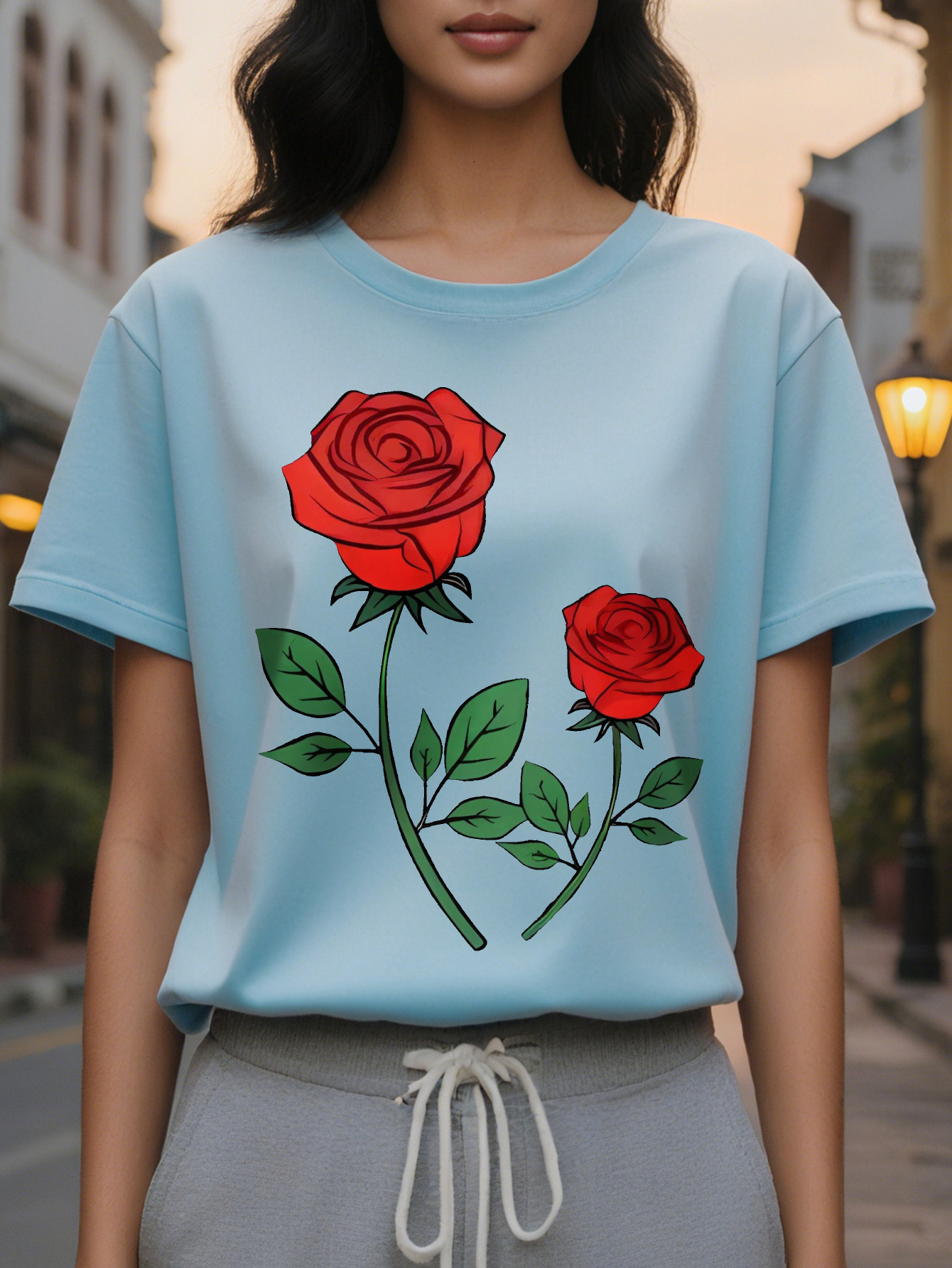 ibrant Rose Print Crew Neck T Shirt Soft Breathable Short Sleeve Casual Top Spring Summer Women s Comfortable