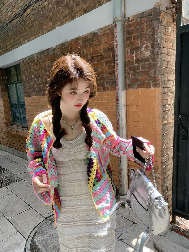 SALIENCY Colorful Crochet Knit Hollow Cardigan Sweater Jacket Women Spring Top Loose Short Knitwear M250904