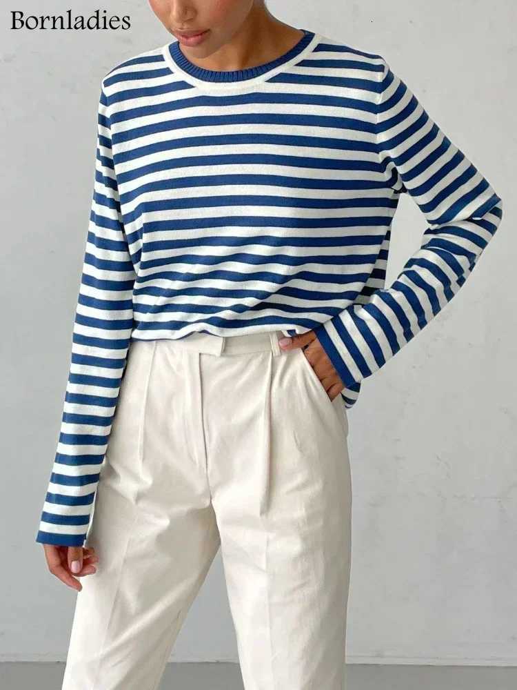Bornladies Knitted Stripe Sweater Women 2025 Autumn Winter Loose Casual Thick Pullovers Female Warm Longsleeved Round Neck Tops M250904