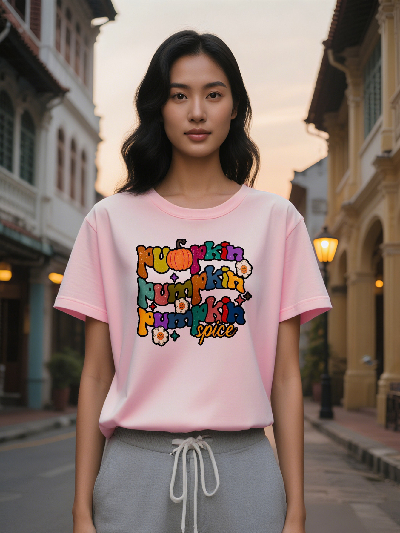 Large XL Crew Neck T-Shirt Pumpkin Spice Print Black with Colorful Design Perfect Gift for Summer Casual Wear Women Plus Size