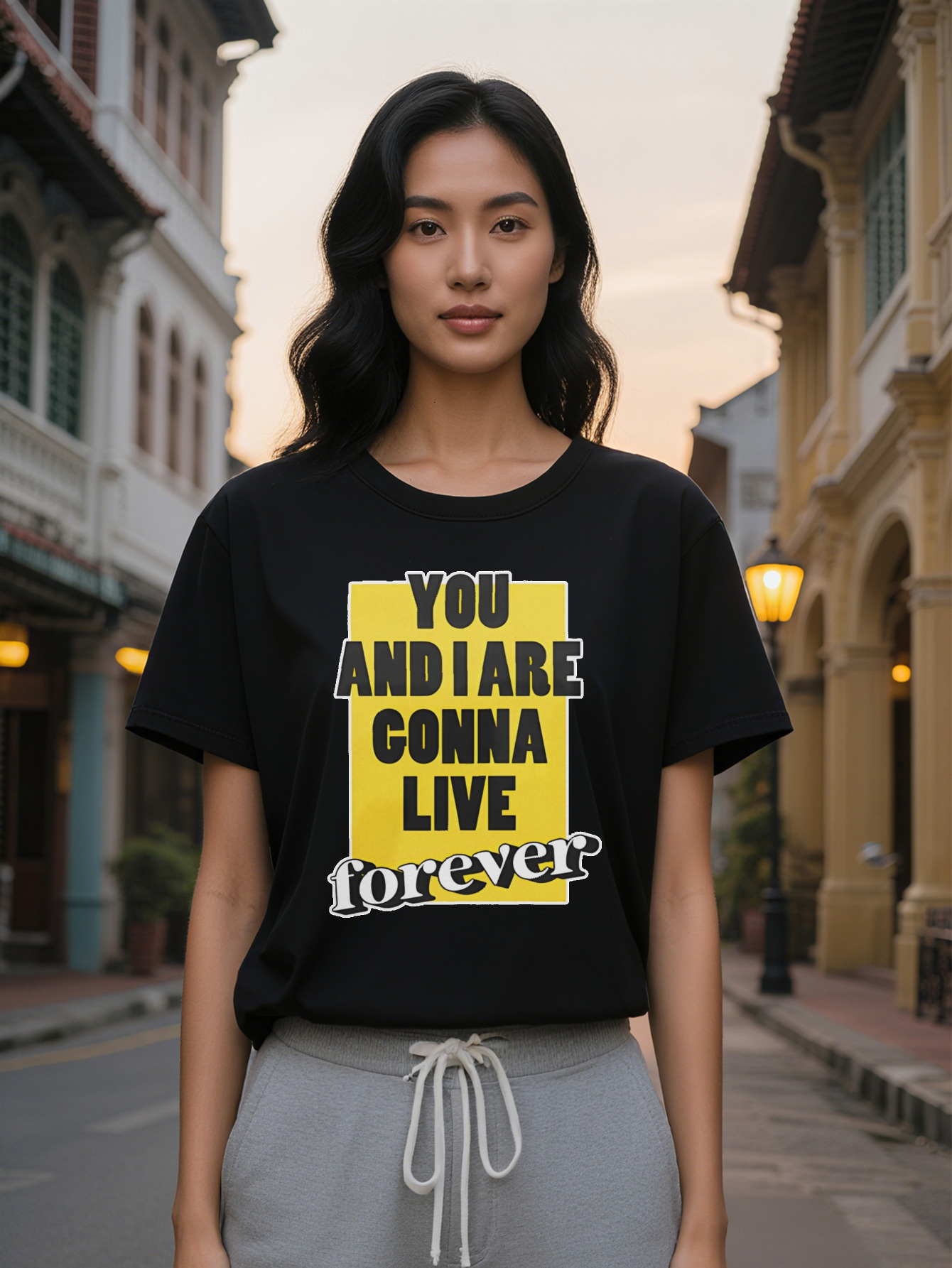 Large XL Lady Casual Crew Neck T-Shirt with You and I Are Gonna Live Forever Graphic Yellow Black Print Perfect for Summer Plus Size