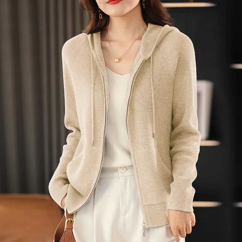 Women Autumn Winter Wool Blend Sweater Hooded Collar Thicken Knitted Zipper Cardigan With Pocket Basis Top Female Coat M250904