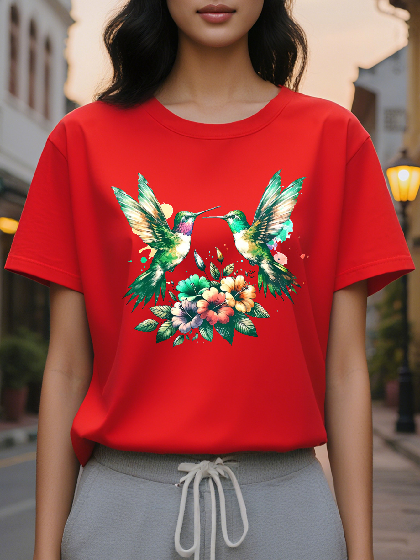 Large XL Women S Hummingbird Floral T-Shirt Casual Crew Neck Short Sleeve Cotton Perfect for Spring/Summer White with Plus Size