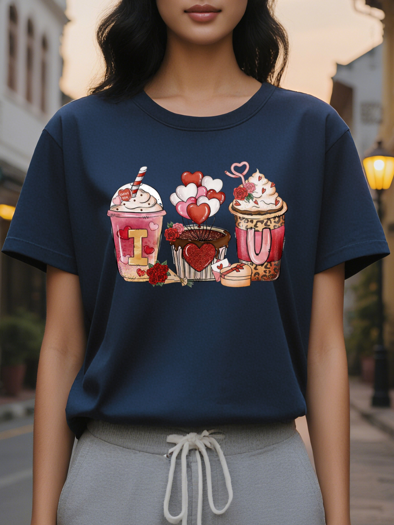 Valentine's Day Coffee Pattern Short Sleeve T-Shirt Women's Round Neck Casual Top Love Letter Printing Medium Stretch