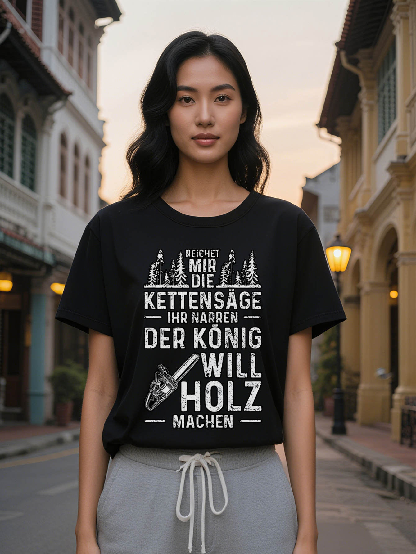 Large XL Casual Crew Neck T-Shirt with Pine Tree and Letter Print Softwood Knives Design Lightweight Fabric Regular Fit Plus Size