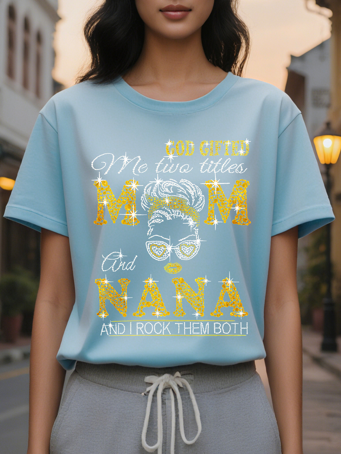 MM NANA MAM Women's Mom Graphic T-Shirt Glitter Text Fashion Glasses Design Casual Short Sleeve Crew Neck Top