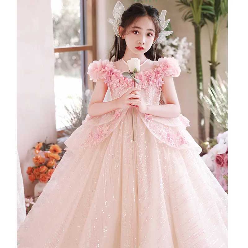 Girls Pink Host Dress Princess Dress Children High-end Affordable Luxury Niche Flower Girl Piano Playing Performance Costume Z250904