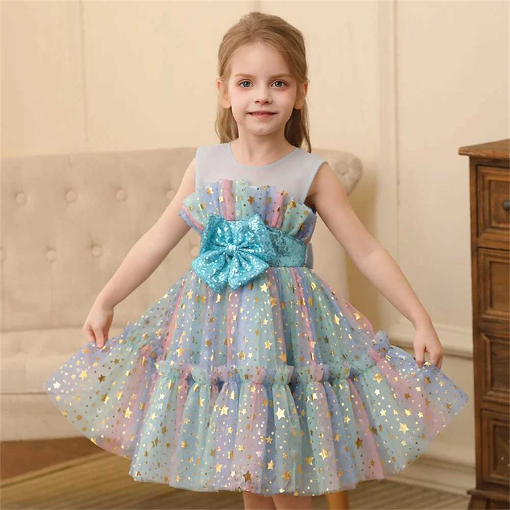 1-5 Years Toddler Kids Summer Princess Bow Dresses Sleeveless Lace Mesh Sequined Stars Colorful Tulle Dress Baby Girl Clothes Z250904