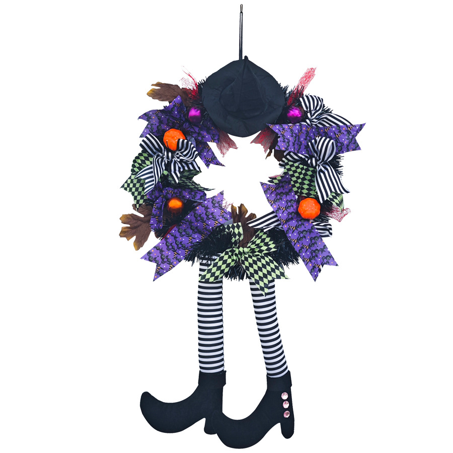 Halloween Witch - Themed Wreath Decor: Black Hat, Colorful Bows & Witch Legs for Festive Home Decor
