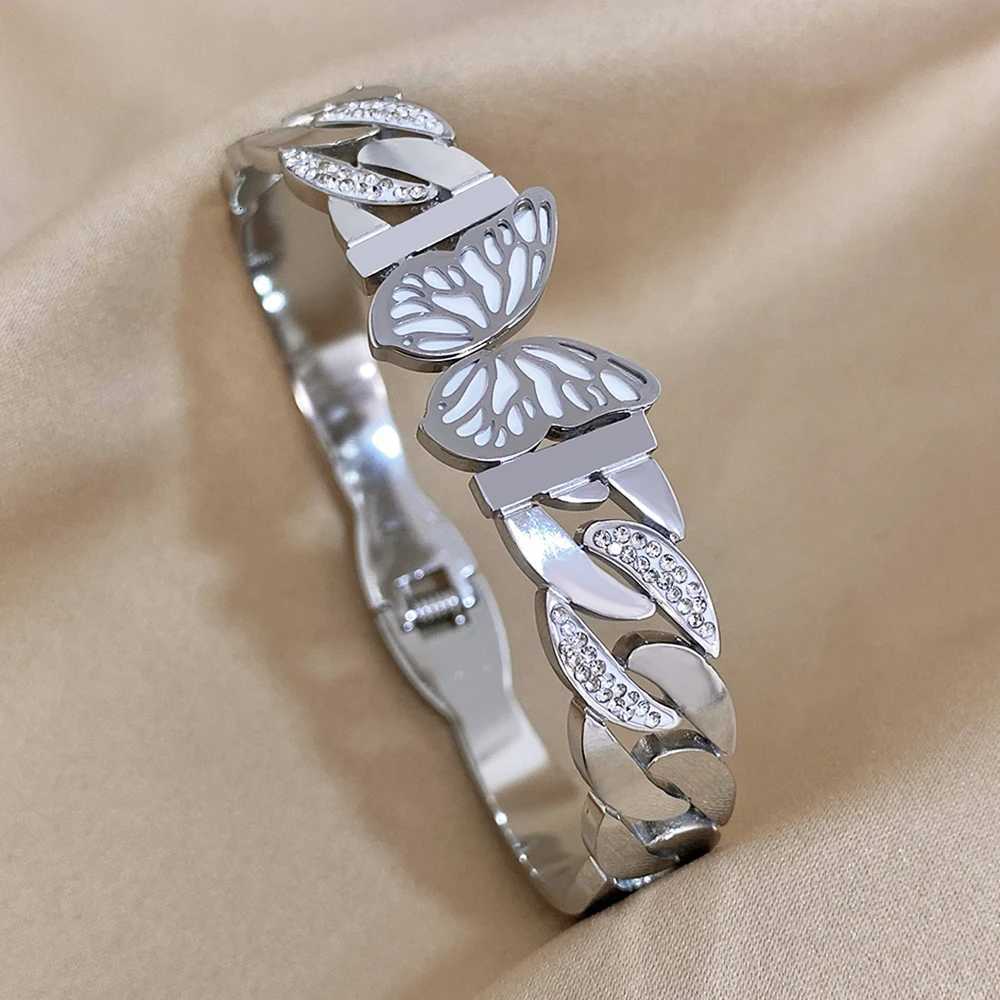 Charm Stainless Steel Bangle Bracelet For Women Luxury Rhinestone Wide Golden Chain Bracelets Wedding Party Jewelry Y250904