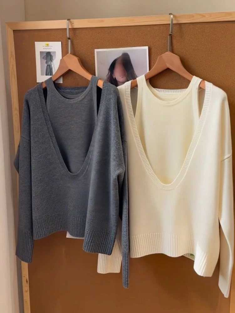 V Neck Fake Two Korean Fashion Sweater Jumper Sueter Mujer Long Sleeve Top Knitted Grey Pullover Pull Femme Cashmere Shirts M250904