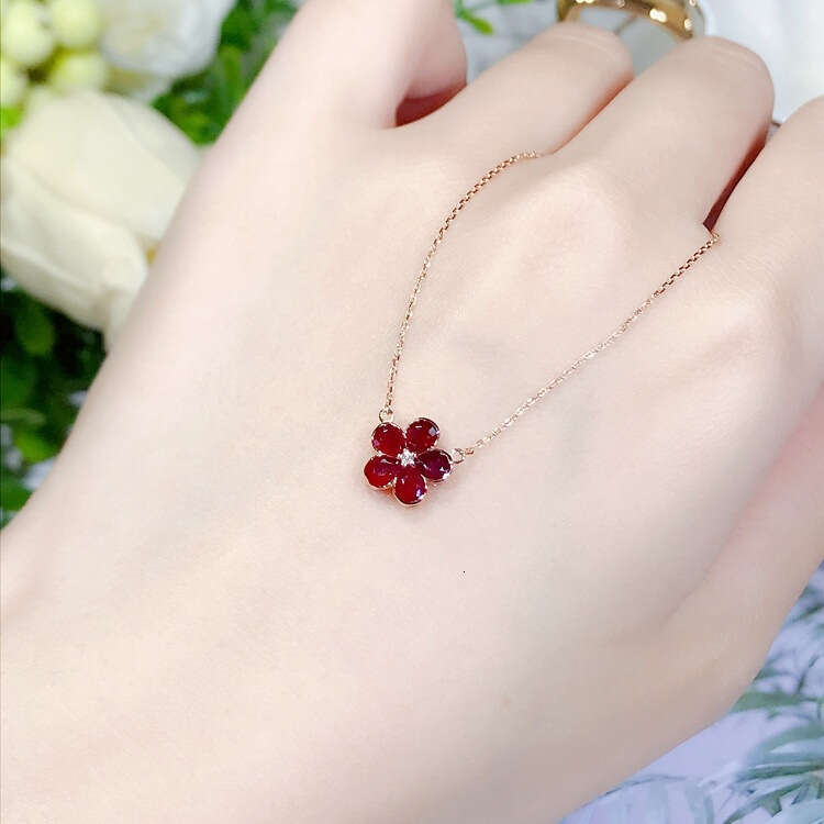 2025 Hot-Selling S925 Silver-Plated Necklace - Simulated Ruby & Clover Pendant, O-Chain, 41-50cm, Fresh Sweet Style for Women