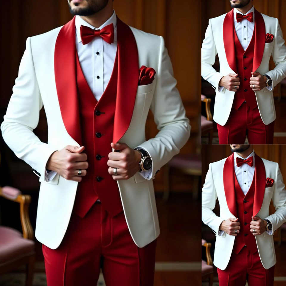 Men Wedding Tuxedos 3 Pieces Customized White Red Shawl Lapel Business Groom Pants Suits Fashion Show Wear