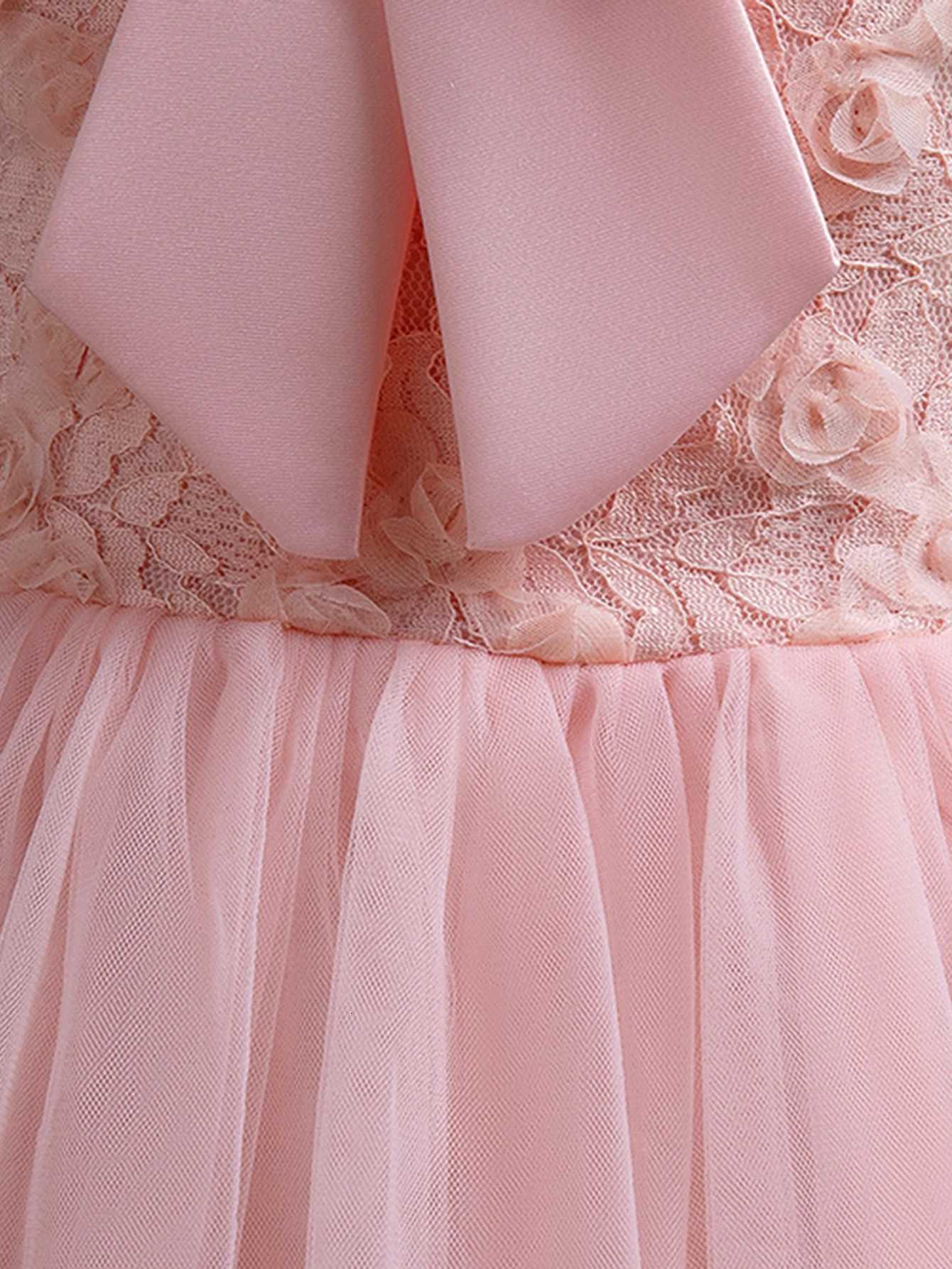 Pink girl big bow long dress for birthday outfits worn by girls aged 3 to 12 at parties Z250904
