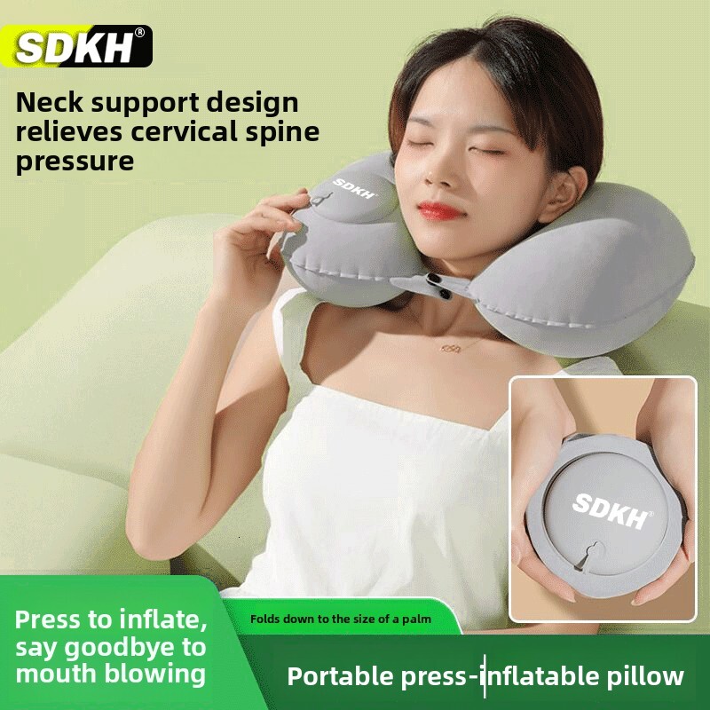 U-Shaped Inflatable Portable Neck Pillow Foldable for Car and Airplane Travel Protects Cervical Vertebrae Traction Device