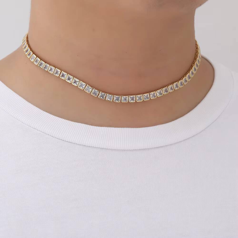 HipHop Copper 4X4MM Cubic Zirconia Tennis Choker Chain Iced Out Jewelry Diamond Cadena Tennis Chain CZ Tennis Necklace