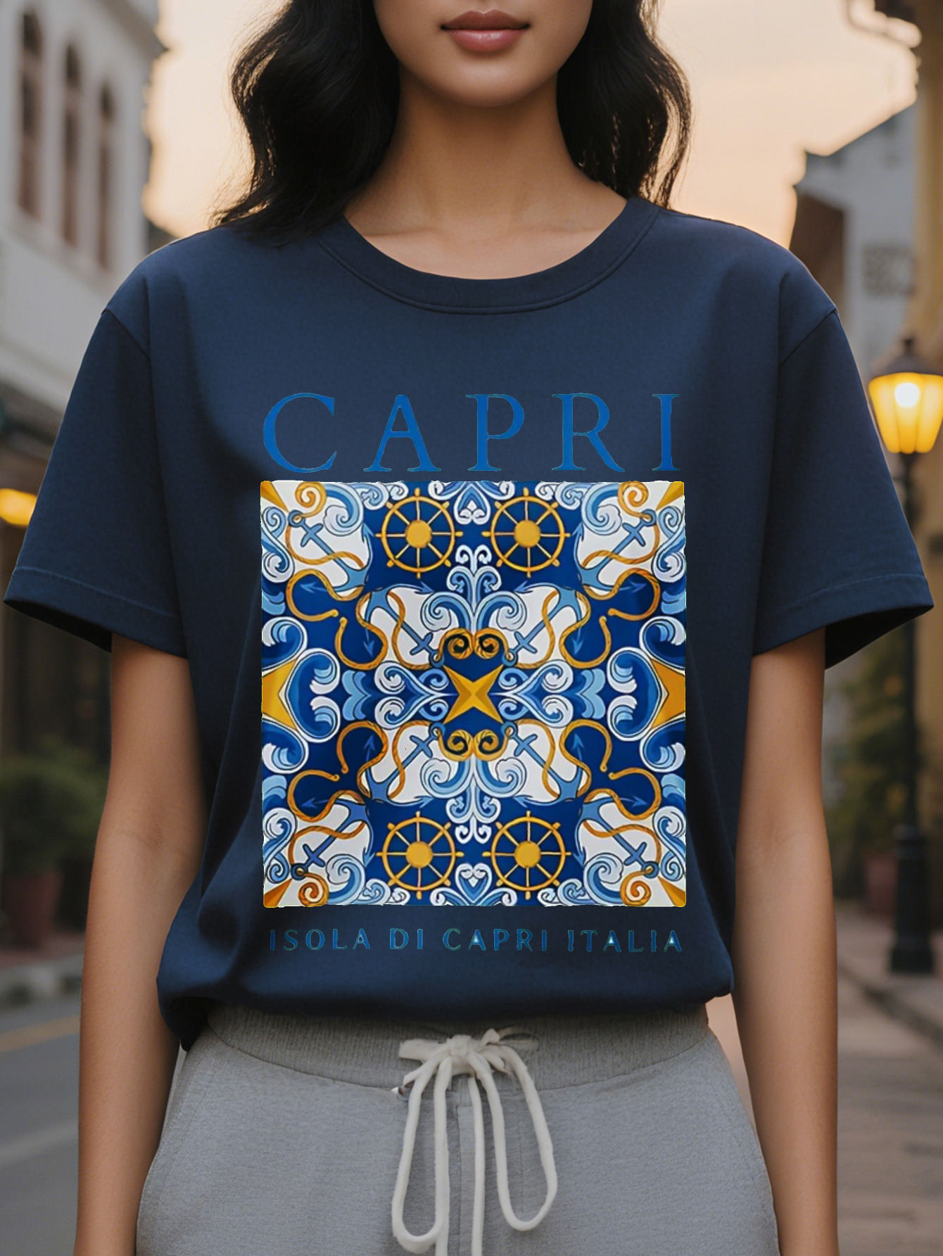 CAPRI American Style Trendy Printed Round Neck Short Sleeve T-Shirt Women's Spring and Summer New Slim Fit Slimming