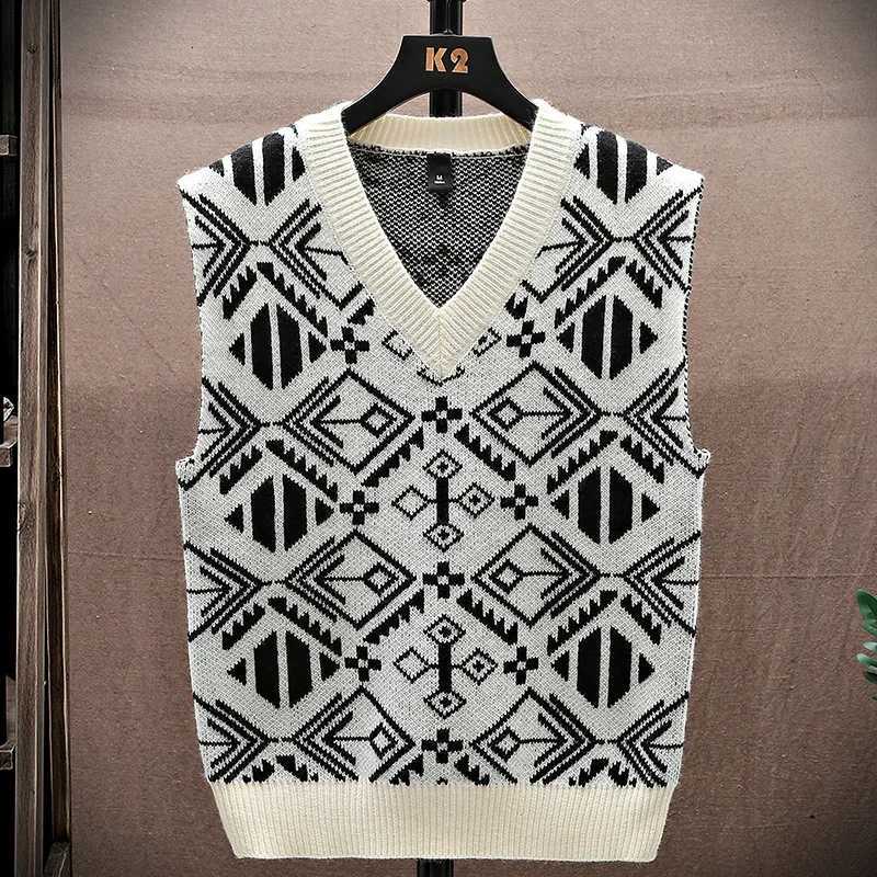 Mens V Neck Knit Vest Geometric Intricate Design Ethnic Vintage Style Comfort Knit Daily Campus Leisure UseXJ250904
