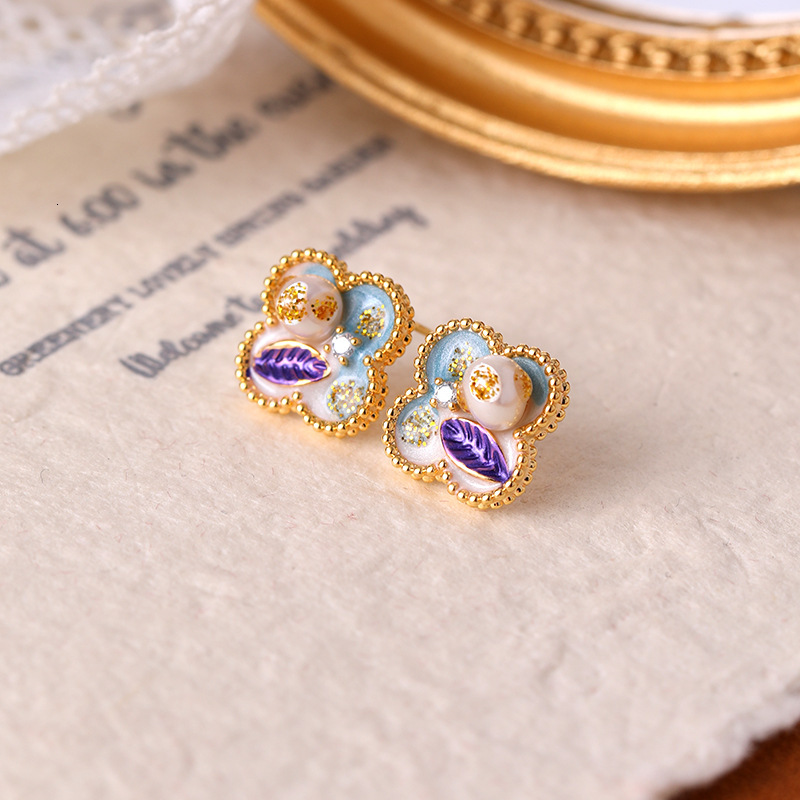 Freshwater Pearl Light High-end New Chinese National Style Female Flower Four-leaf Clover Niche Exquisite Earrings