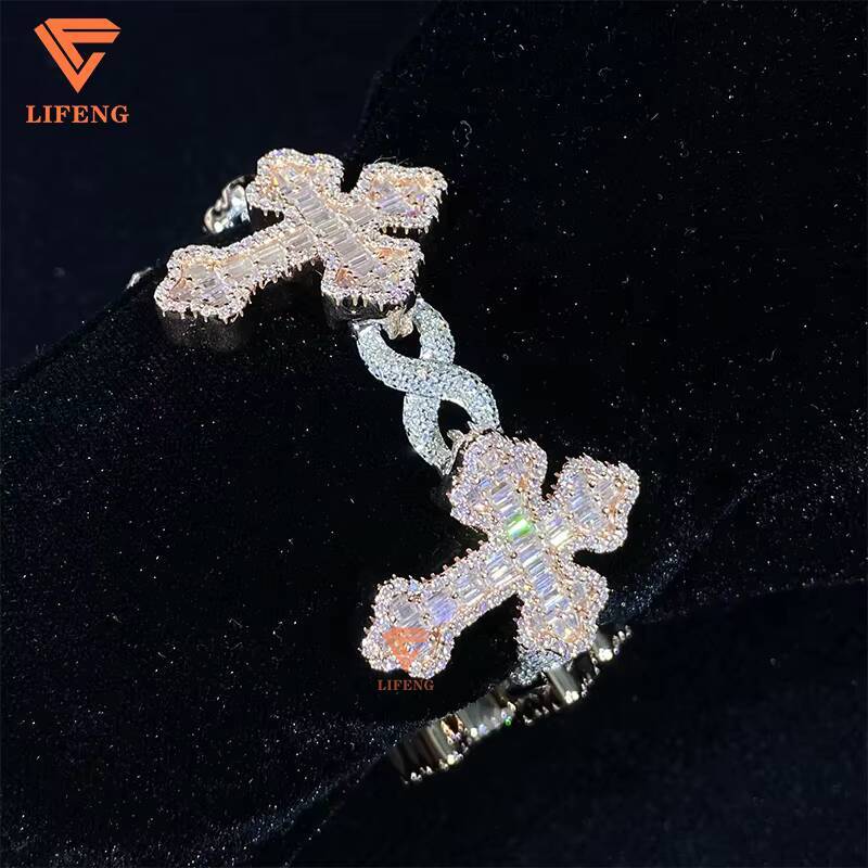 Fine Jewelry Bracelets Custom Two Tone Iced Out Baguette Moissanite Cross Bracelet 925 Silver Hip Hop Charms Bracelet for Women