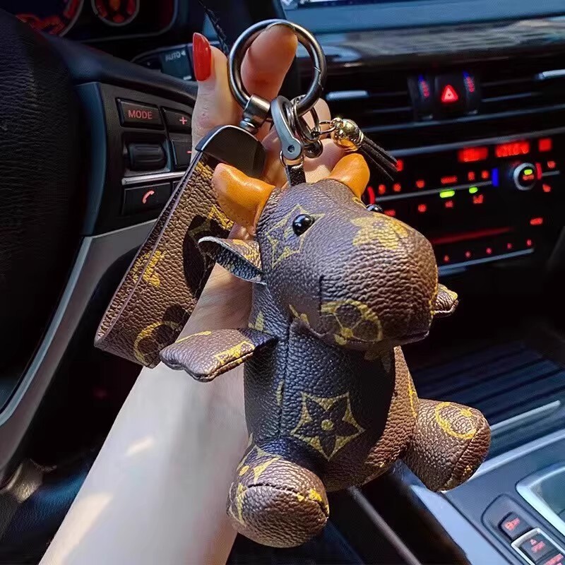 Presbyopia French Fighting Dog Keychain Checkerboard Pendant Car Keychain Leather Dog Pendant