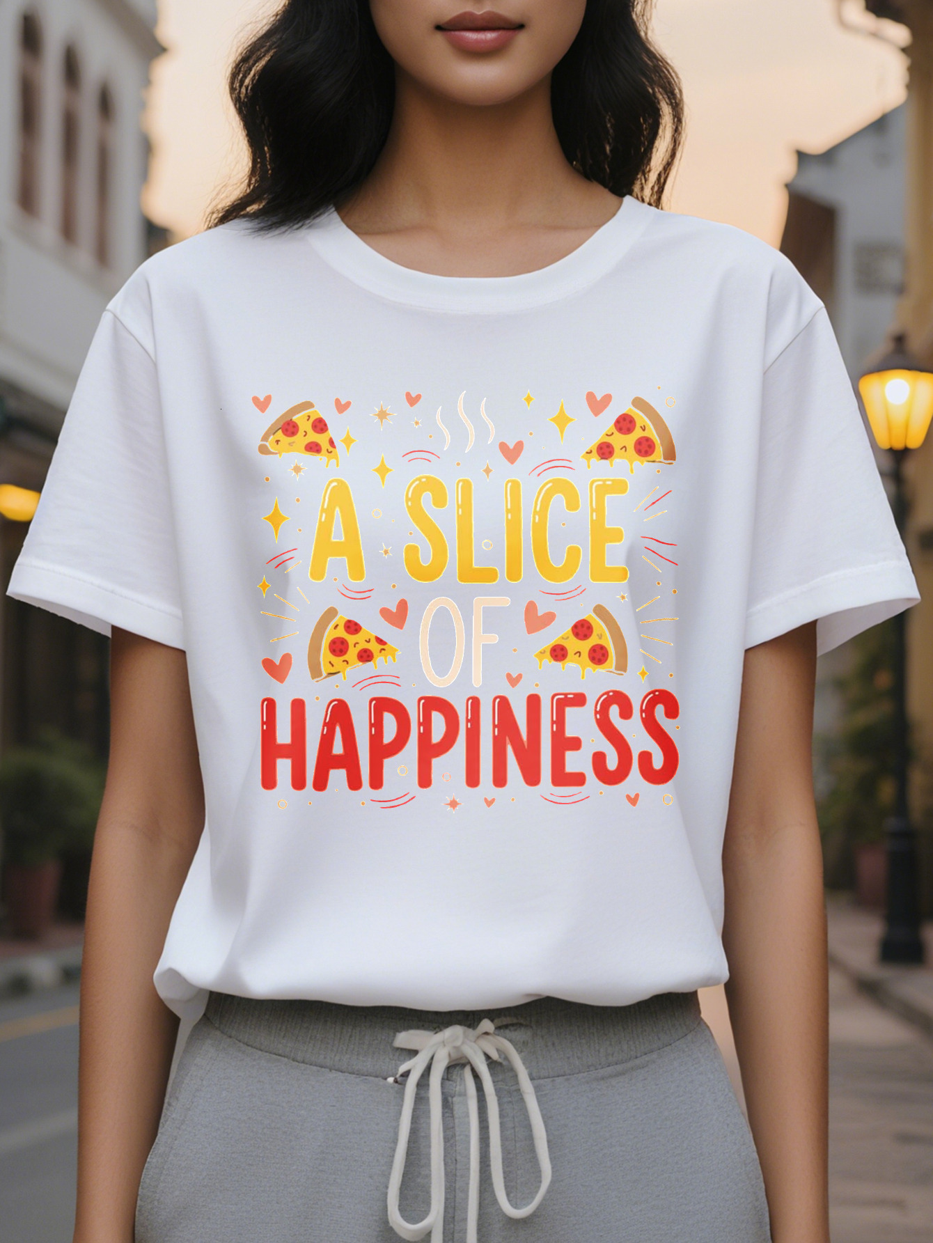 Women's Fun Pizza Lover T-shirt One pattern with pepperoni cheese casual round neck short sleeve summer top party