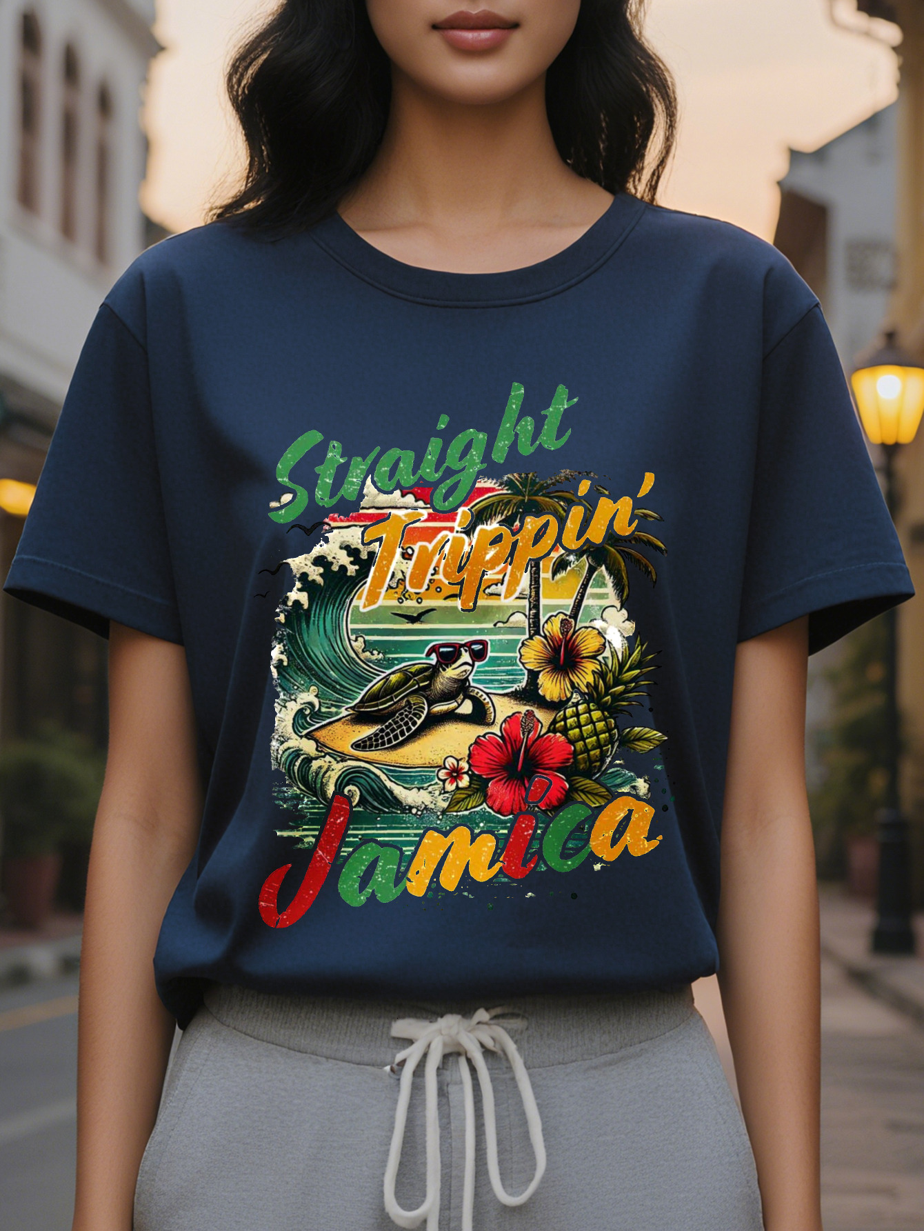 Women s elegant summer T-shirt, white short sleeve, round neck top with vibrant tropical print, Straight Tip Jamaica
