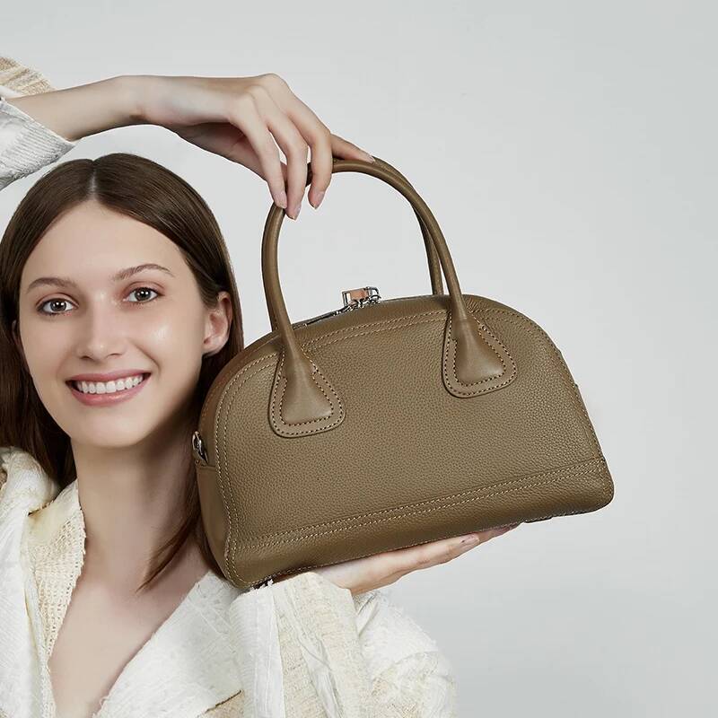 Burminsa Cowhide Genuine Leather Bowling Tote Handbags For Women 2025 Trend Designer Shell Work Ladies Shoulder Crossbody Bags