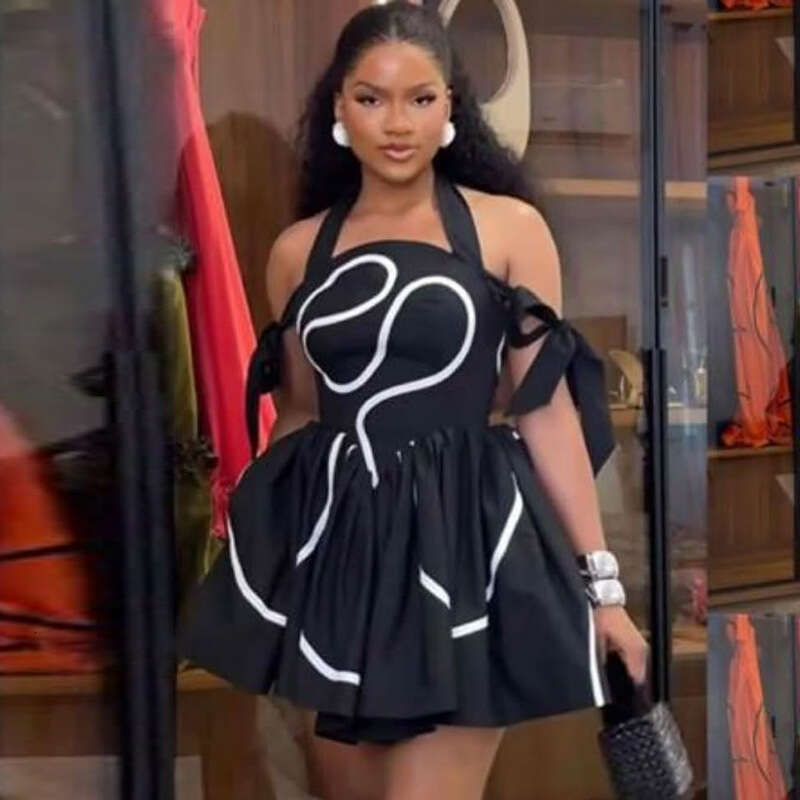 2025 Summer New Fashionable Women's Clothing from Europe and America: Elegant Halter Neck Printed Tie Off-Shoulder High-Waisted Pleated Dress