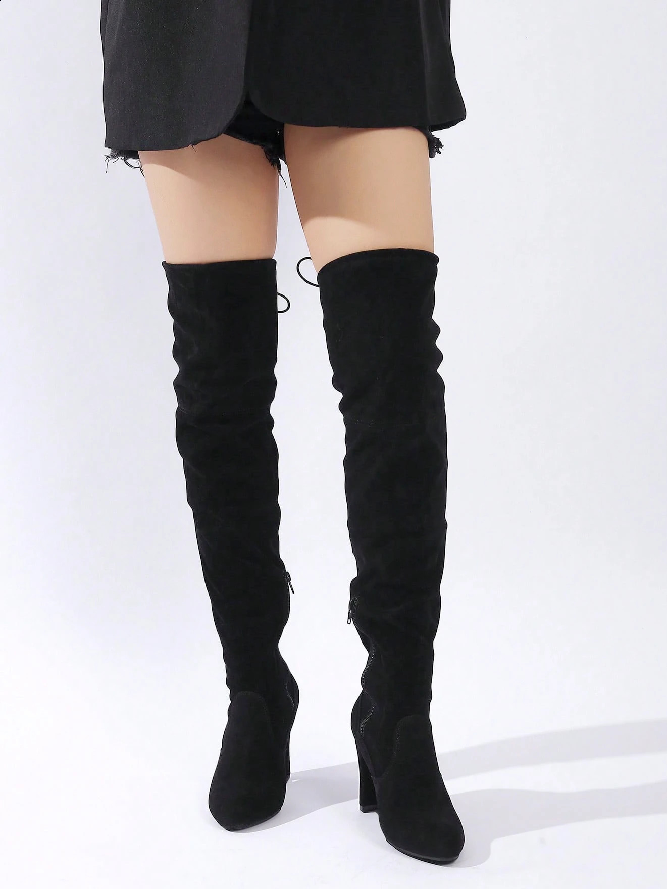 Elegant Black OTK Boots for Women Chunky Heel Tall Adjustable Lace Up Side Zipper Comfortable Office Party 250903