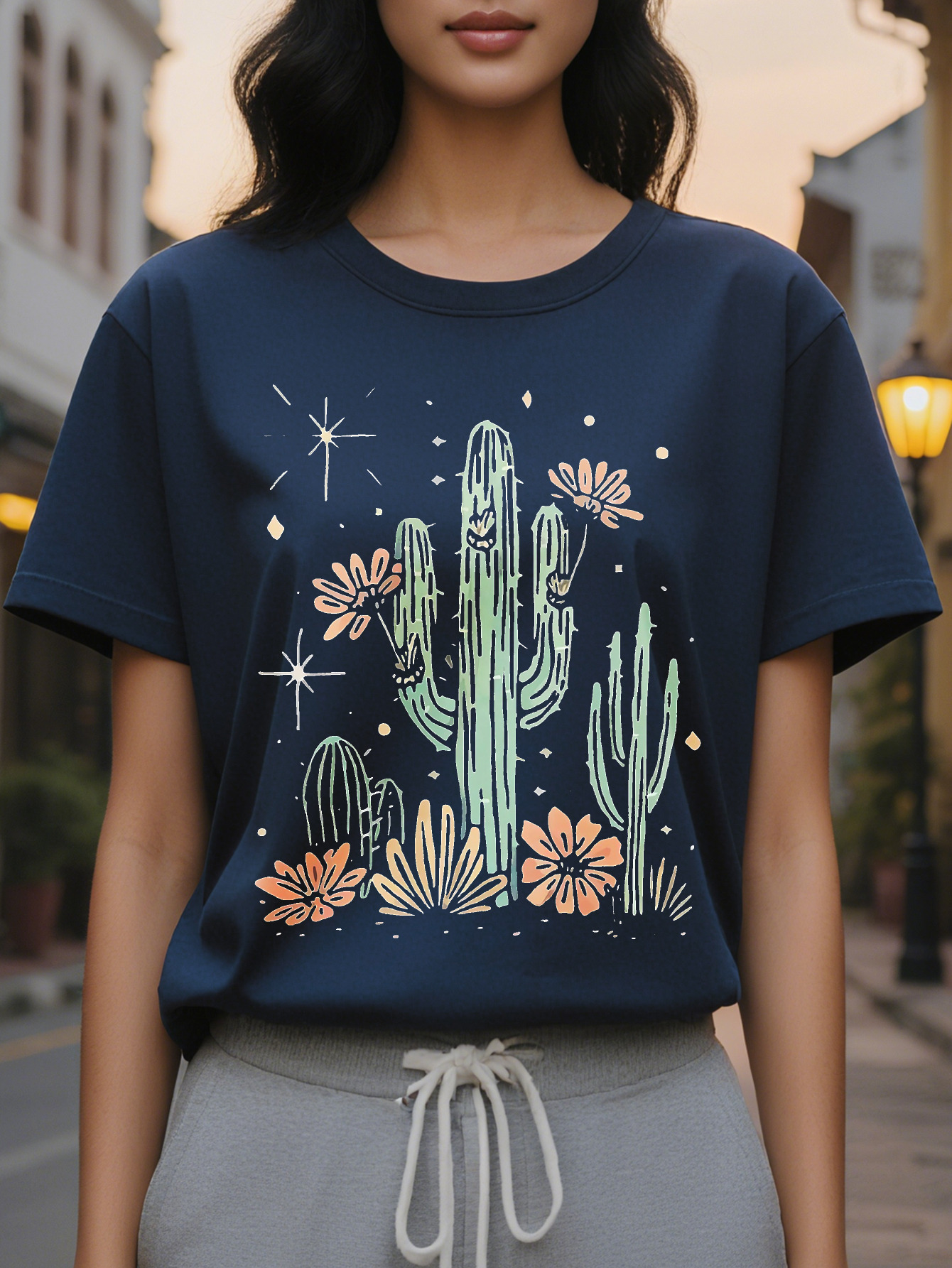 Cactus Printed Women's Summer Dress Combination Version Round Neck T-shirt