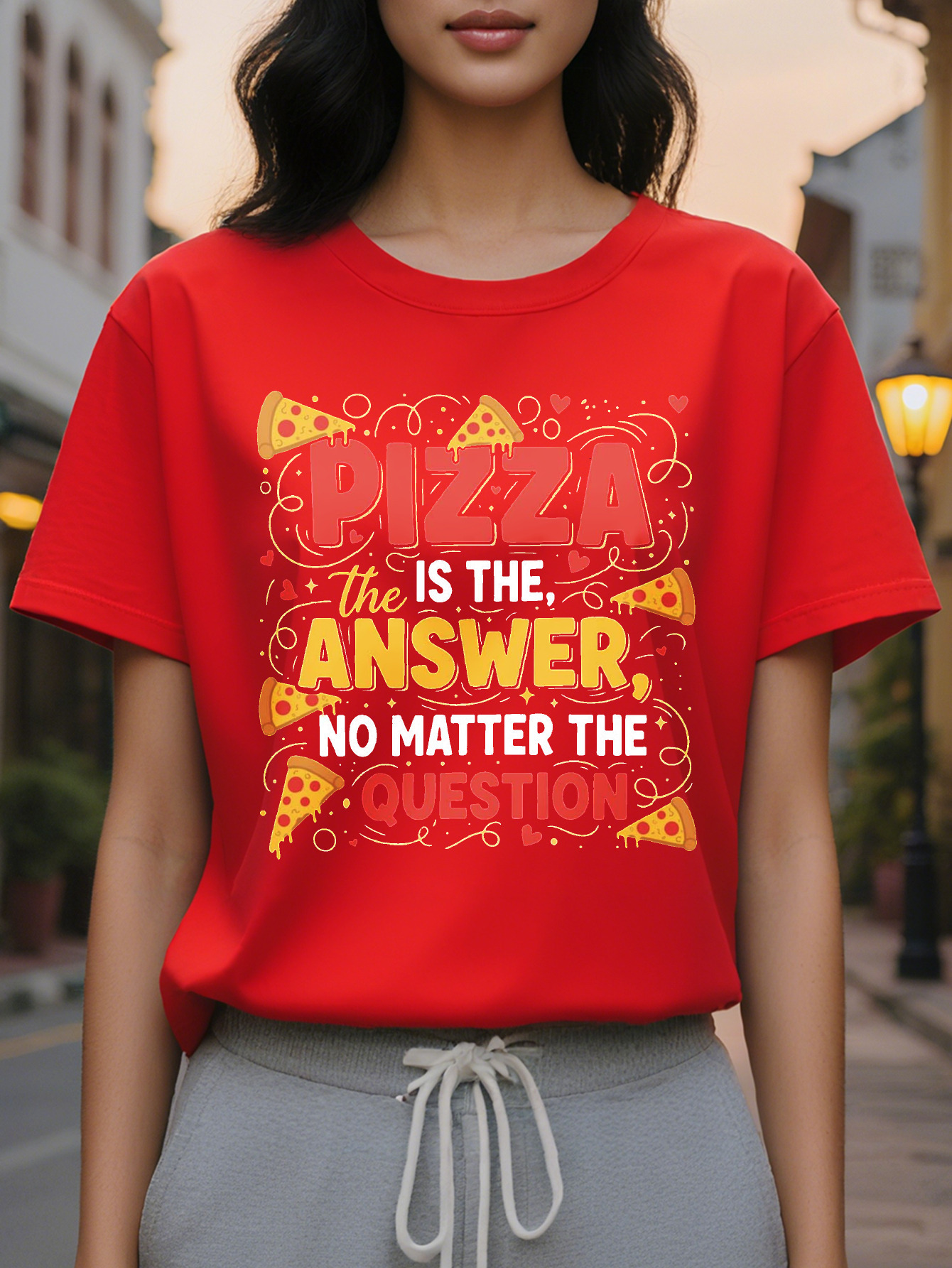 Women's Funny Lover Pattern is the Answer Bold Red and Yellow Letters Soft Everyday Casual T-Shirt Pizza