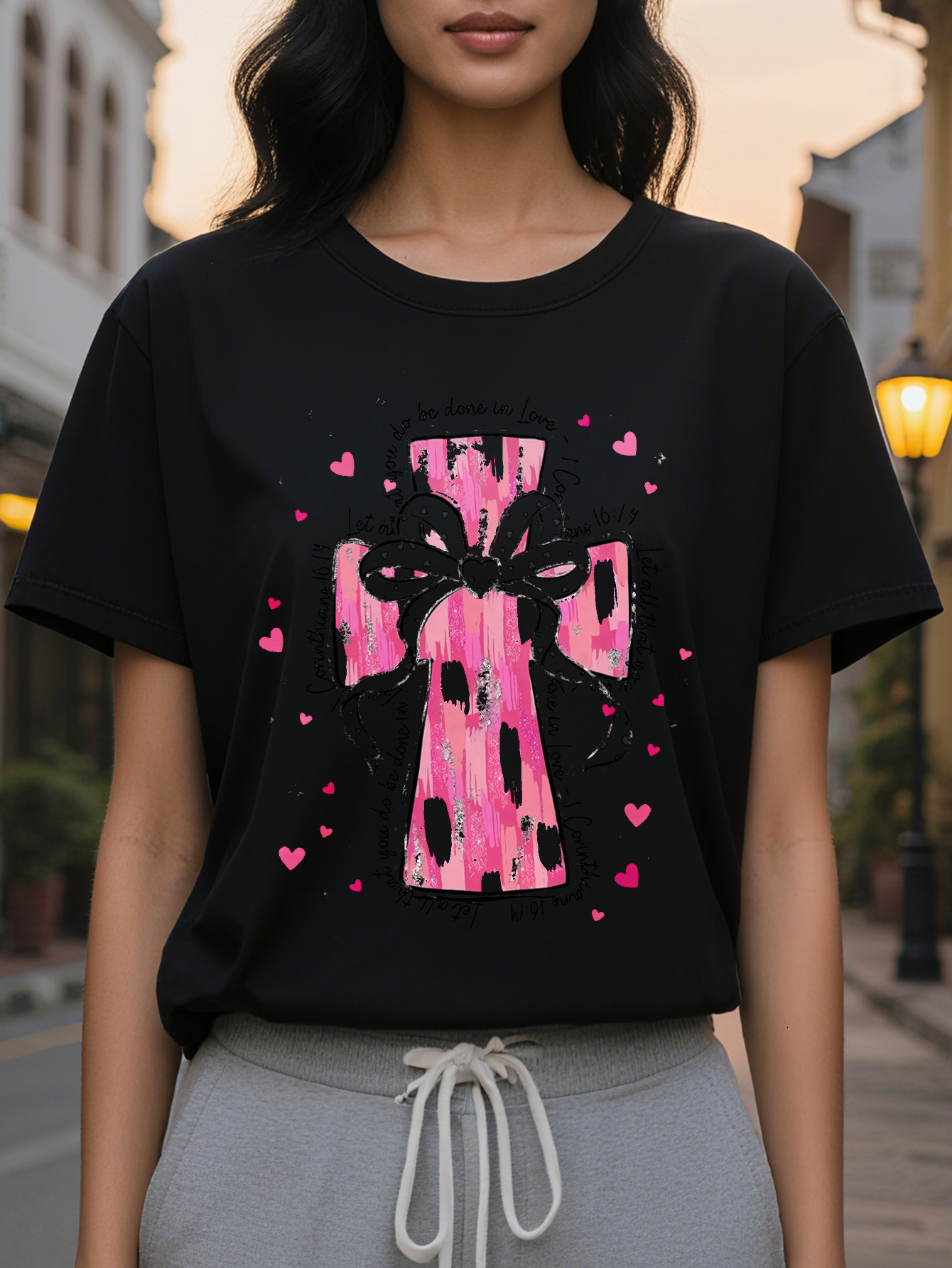 Women's Elegant Christian T-Shirt Short Sleeve Round Neck Regular Length Spring Summer Casual Top with Cross Design