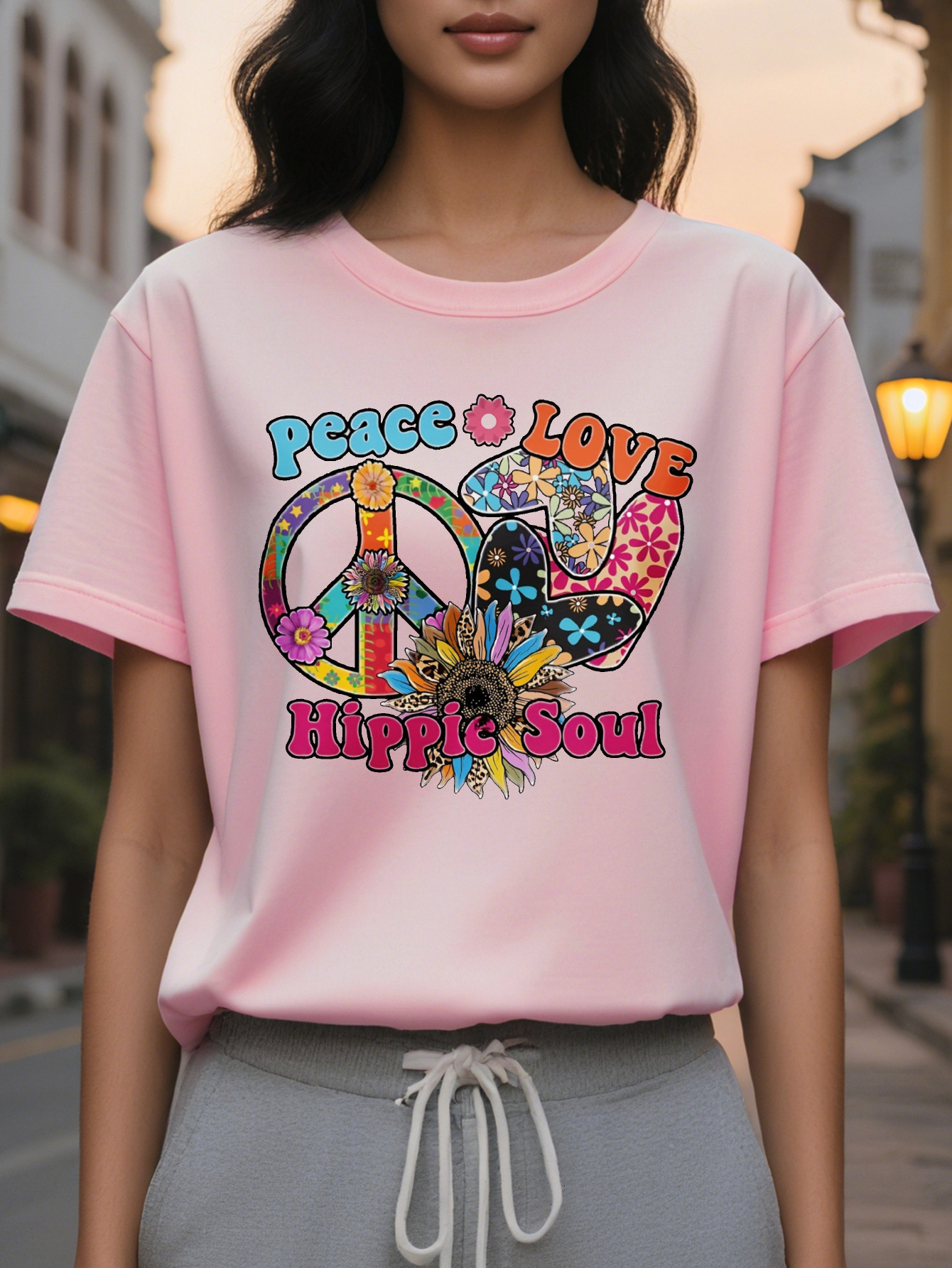 Women s Peace Love Hippie Soul T Shirt Retro Psychedelic Print Short Sleeve Round Neck Summer Casual Top, washable