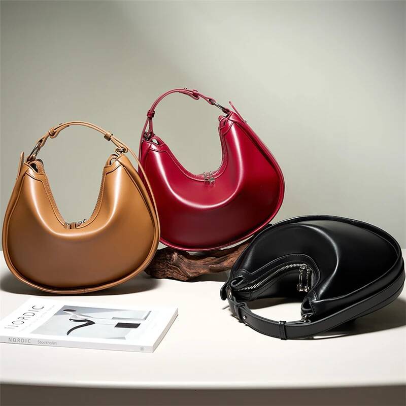 Hifashion Cowhide Genuine Leather Crescent Tote Handbags For Women 2025 Designer Crossbody Hobos Underarm Shoulder Bags