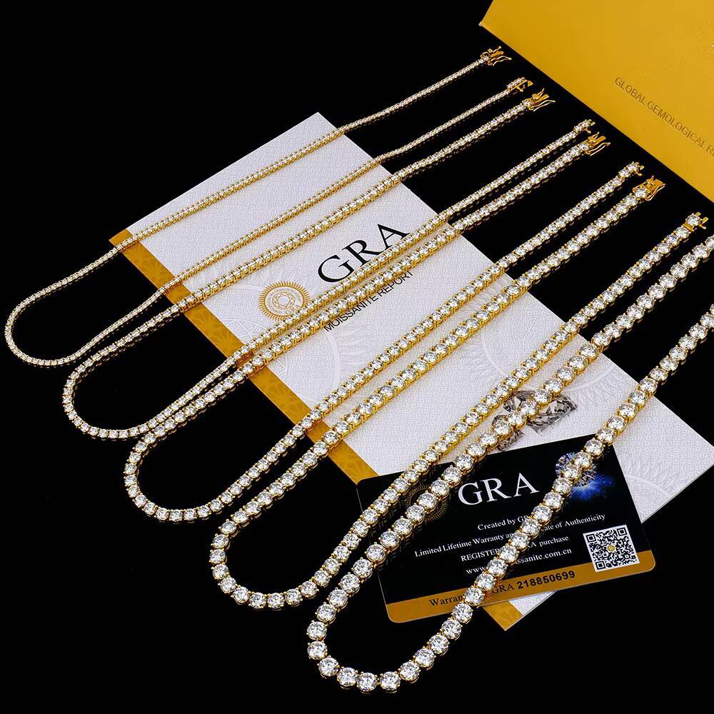 Gold Plated 925 Silver Necklace 2mm 6mm Moissanite Classic 4claws Tennis Link Chain Hip Hop Fashion Jewelry