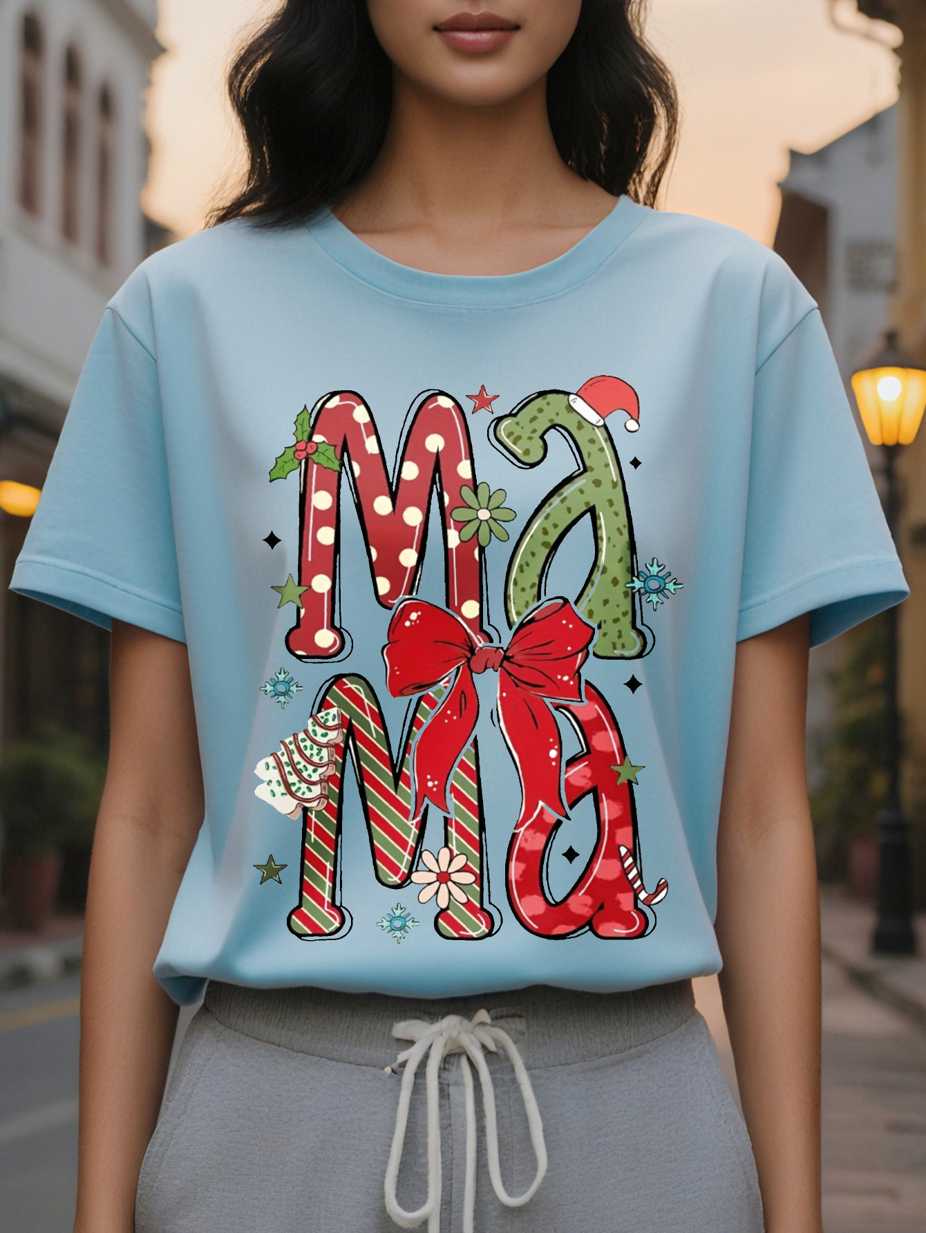 Large XL Cotton Knit All Season Women's Christmas Festive Print Casual Round Neck T-Shirt Regular Length Plus Size