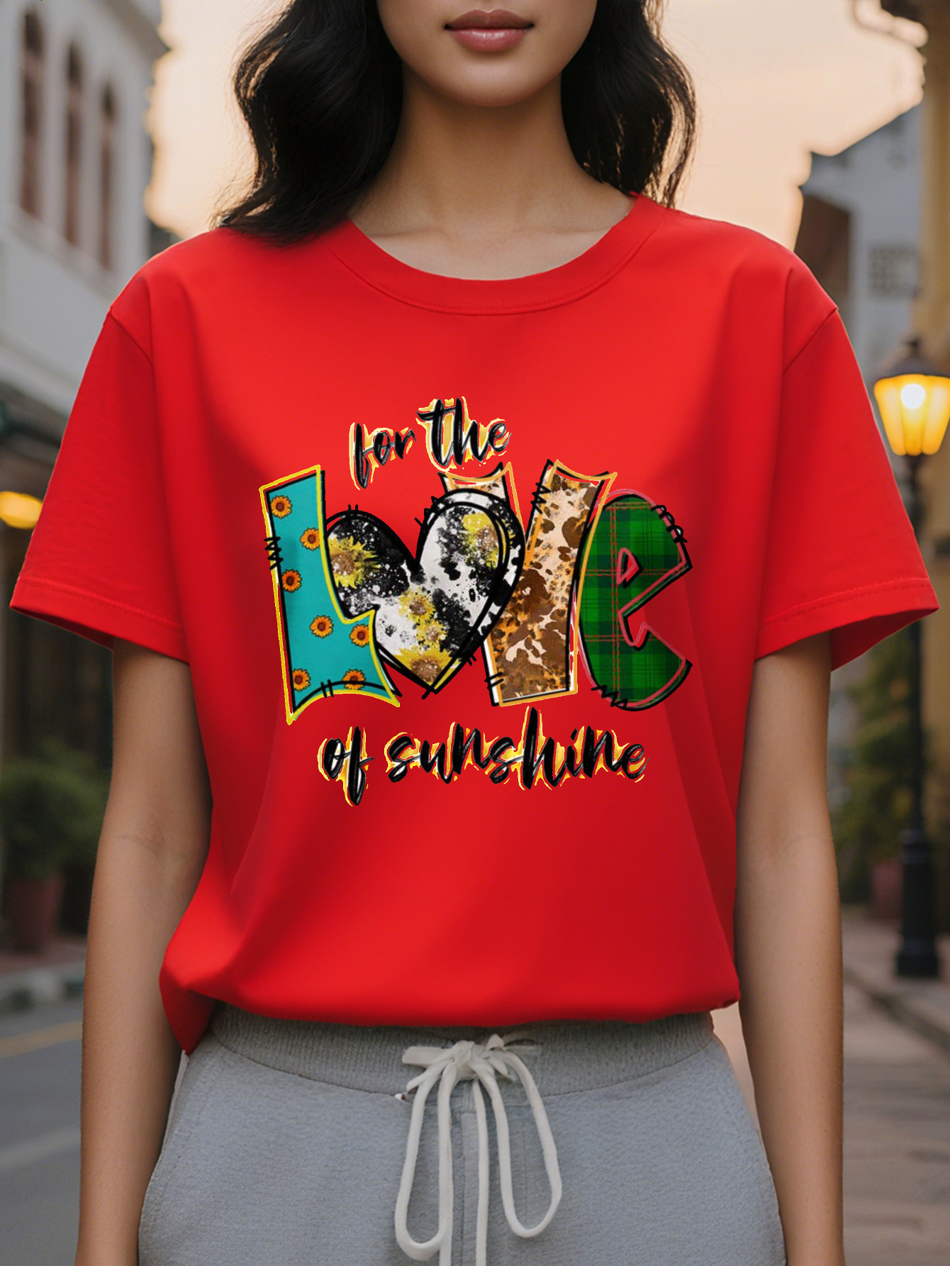 Women's White T-shirt Color for Love of the Sun Pattern Short Sleeves Round Neck Casual Summer Top Fun Design