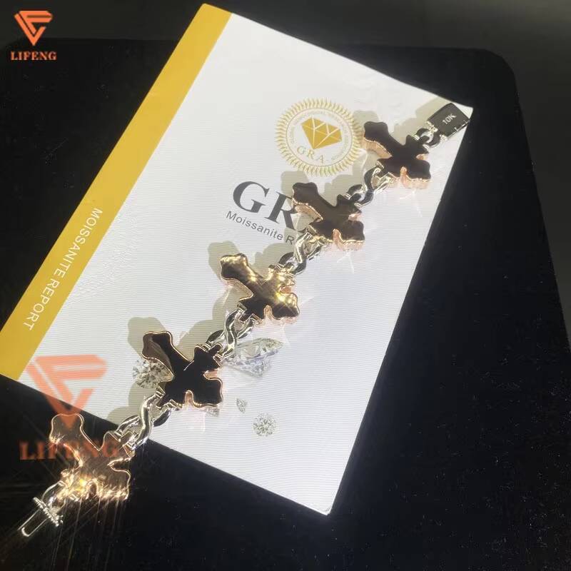Custom Cross Baguette Cut Bracelets D VVS1 Moissanite 925 Silver Excellent Cut Hip Hop Style Men Two Tone Diamond Pearl