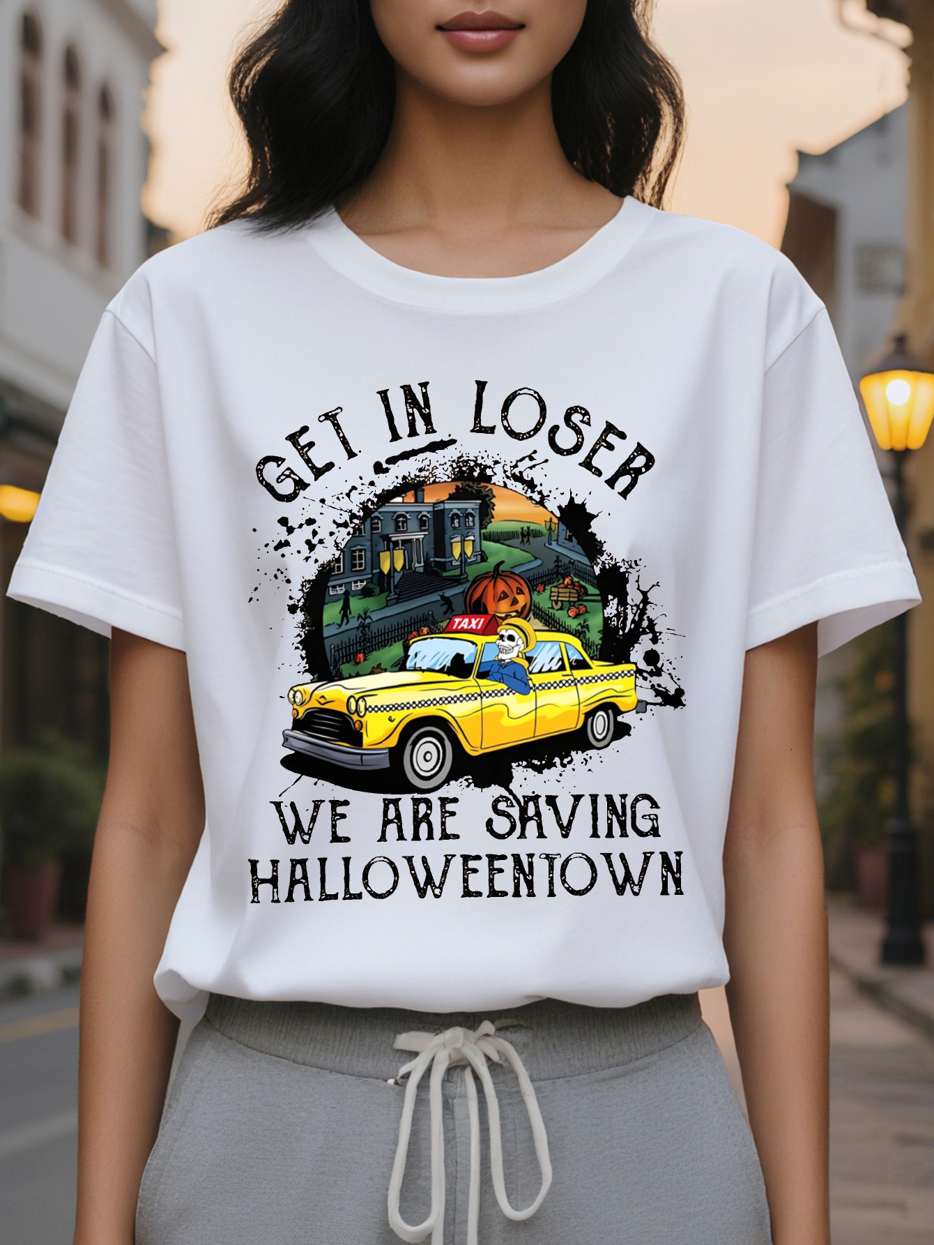 Halloween Printed Women's Spring and Summer Fitted Round Neck T-Shirt