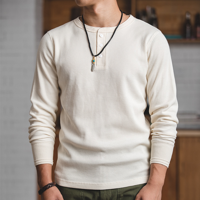 Maden Workwear Vintage Waffle Henry Shirt Vintage Long Sleeve Amekaji Solid Sweater For Men