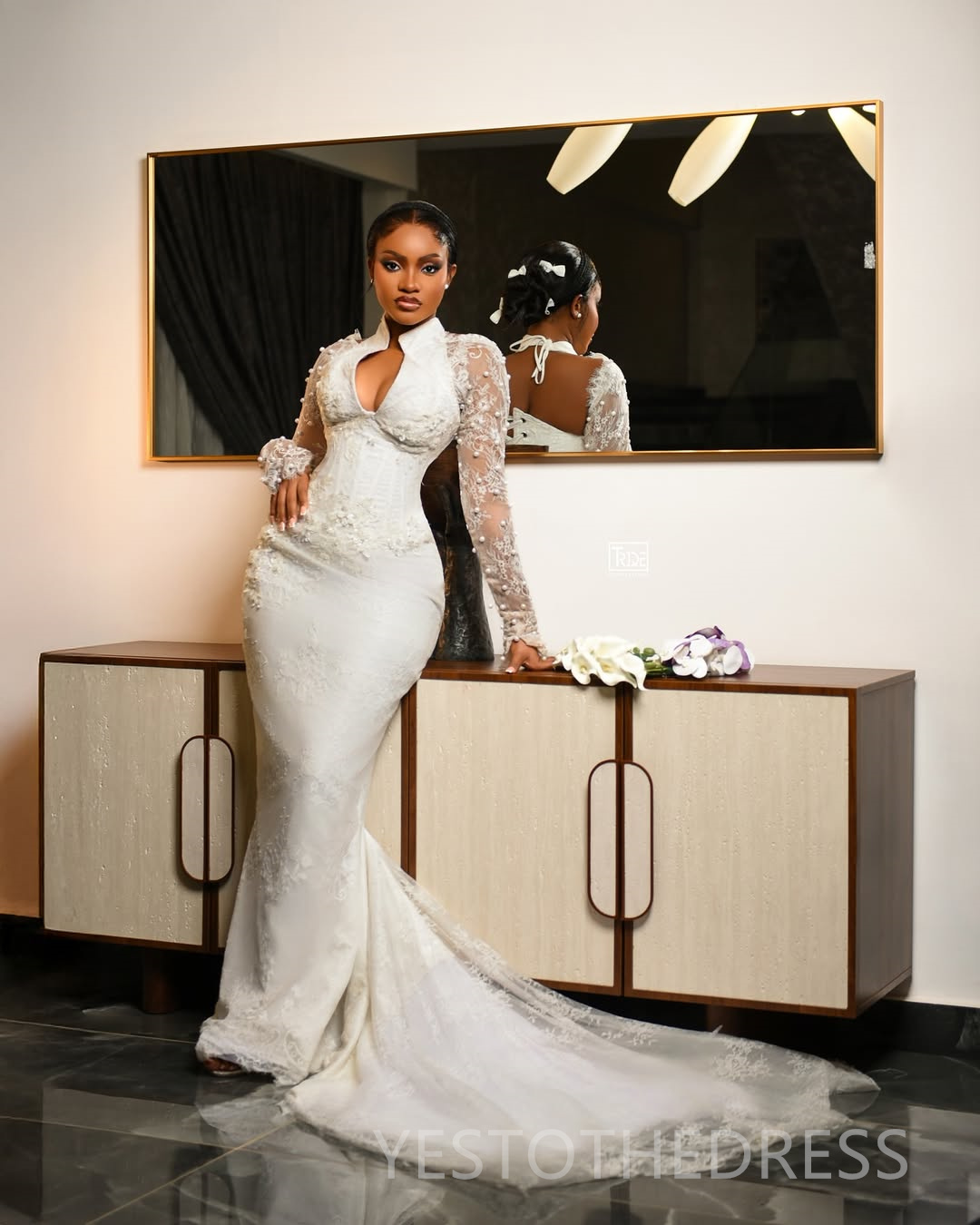 2025 Aso Ebi African Wedding Dress Bridal Gowns For Bride Mermaid Wedding Gowns High Neck Long Sleeves Pearls Beaded Lace Rhinestones Bridal Dress D63