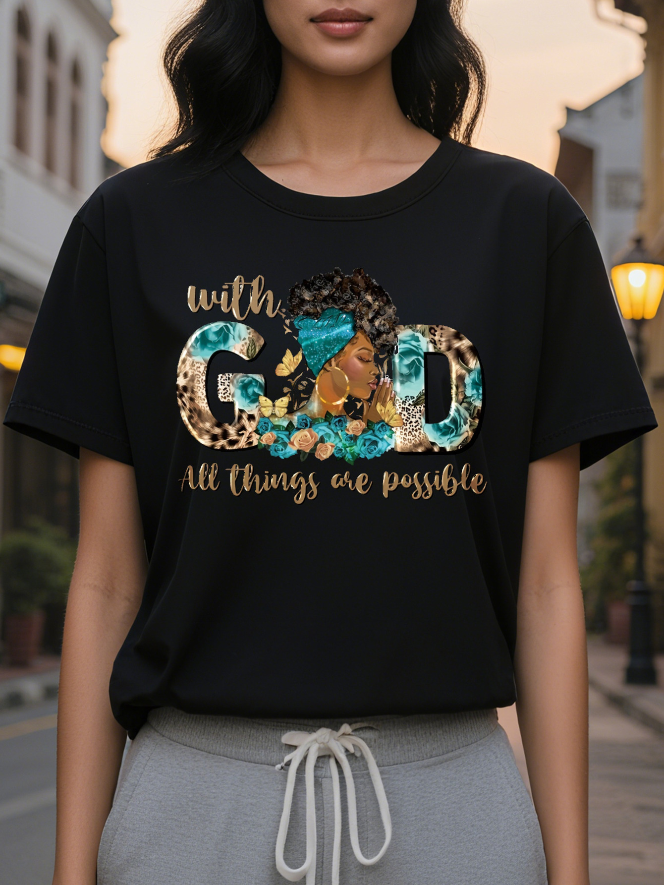Large XL Vibrant Cartoon GOD Print T-Shirt Soft Mid Elasticity Cotton Crew Neck Casual Top for Spring Summer Fall Plus Size